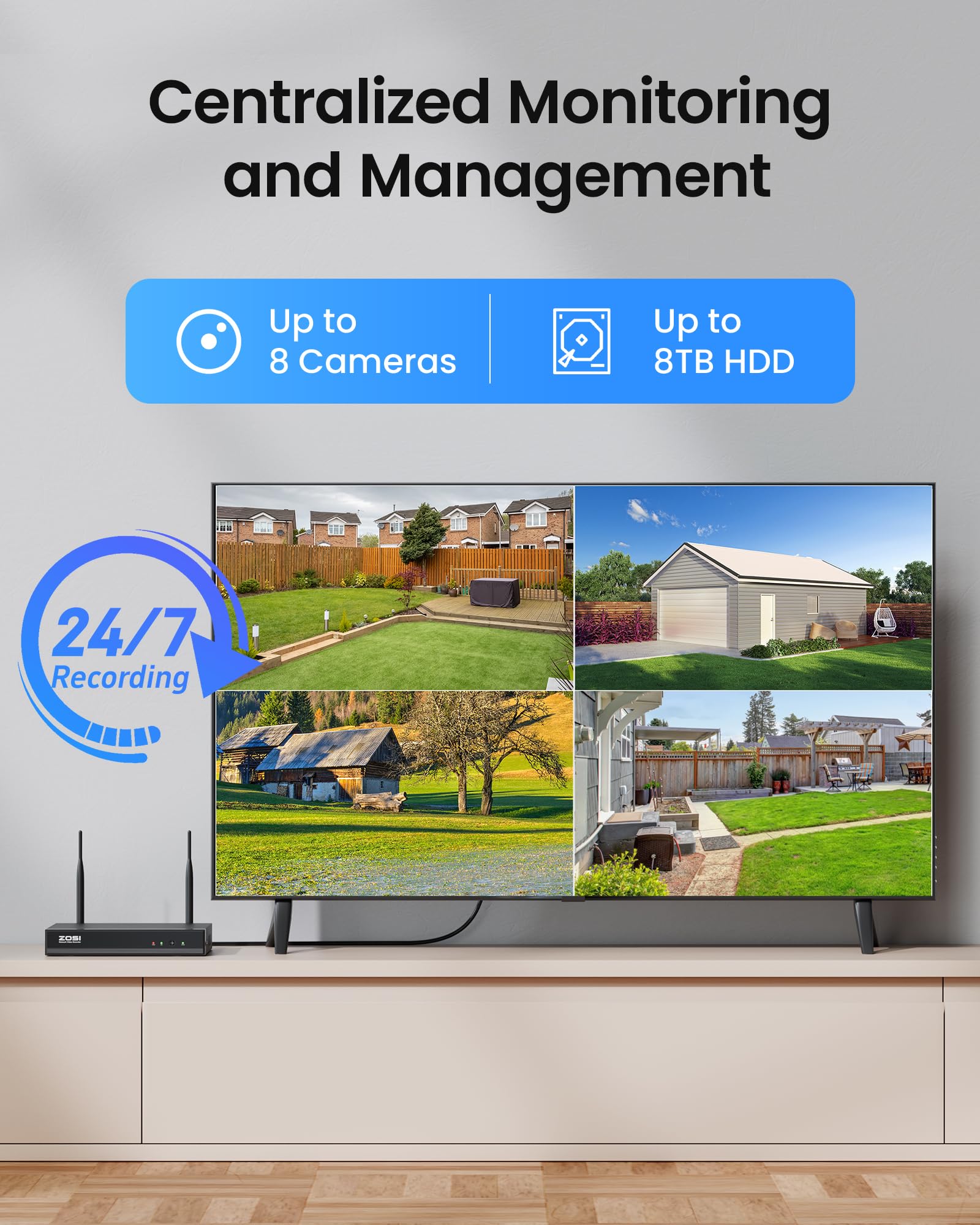 ZOSI 2K Kit Telecamere di Sorveglianza WiFi6, Registratore NVR 8CH 8MP e HDD 1TB con 4 Telecamere IP di Sicurezza per Esterni, Visione Notturna a Colori, Rilevamento Persone, Audio Bidirezionale
