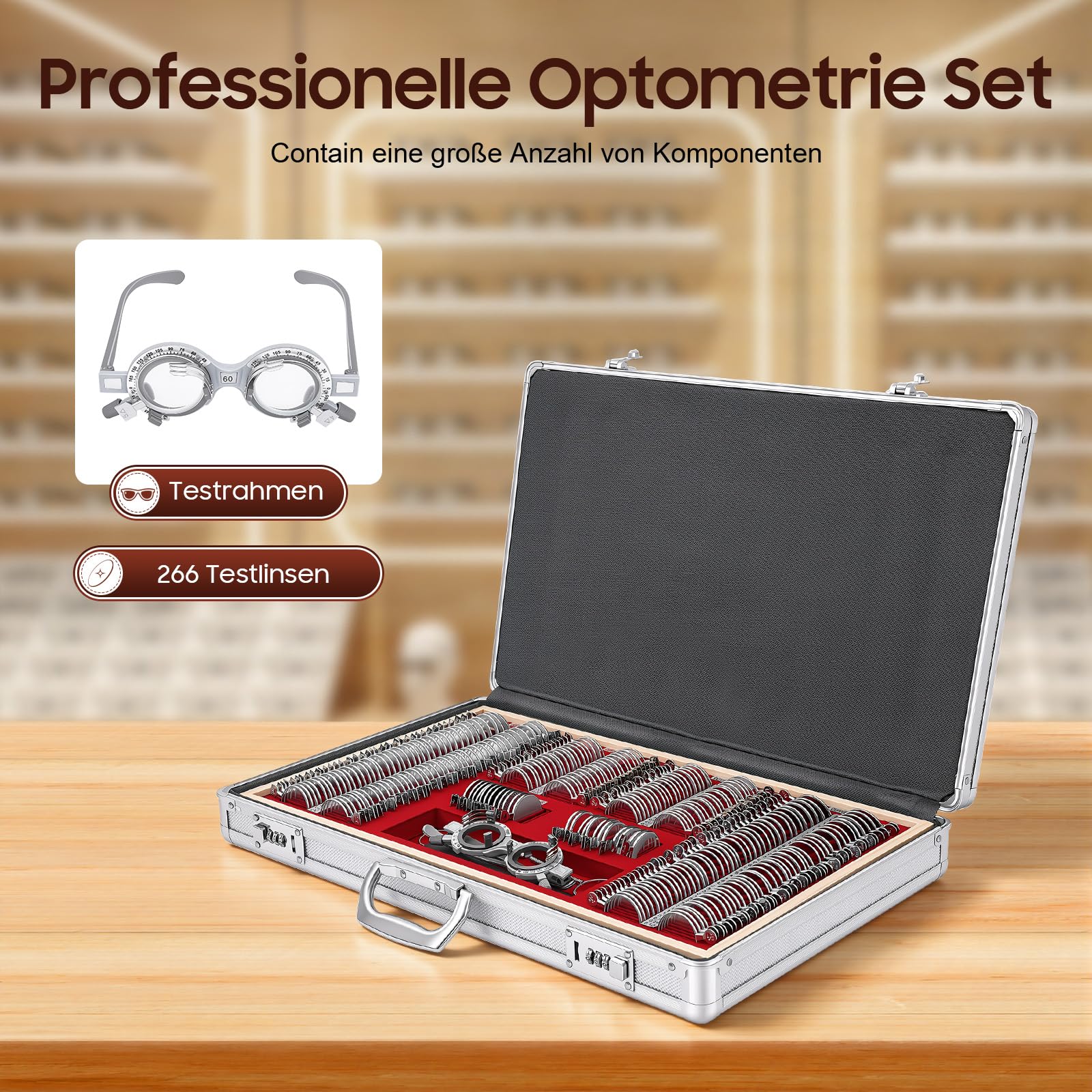266pcs Testlinsen‑Set, Optometrie‑Kit Sehtestausrüstung Augenoptik‑Zubehör Metallrand‑Glaslinsen Aluminiumetui mit Tragegriff Proberahmen Sphären Zylinder und Prismenlinsen für Optiker Augenkliniken