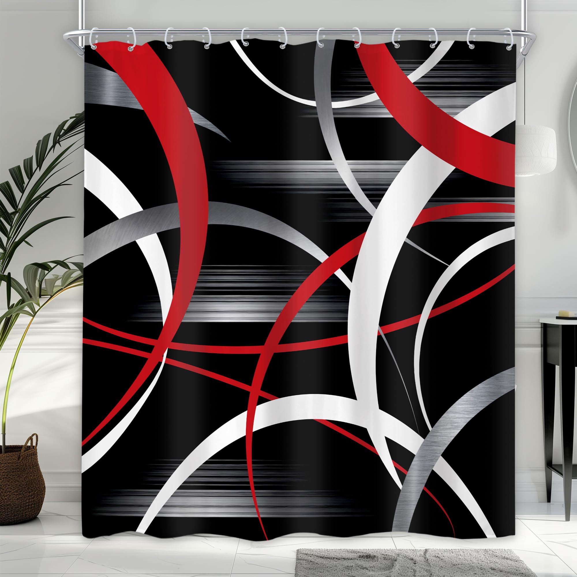 Newsely Black Red Abstract Shower Curtain 60Wx72L Inch Modern Graffiti Minimalist Geometry White Line Simple Bathroom Set Cool Unique Aesthetic Waterproof Bath Decoration Accessories Home Decor — image 1