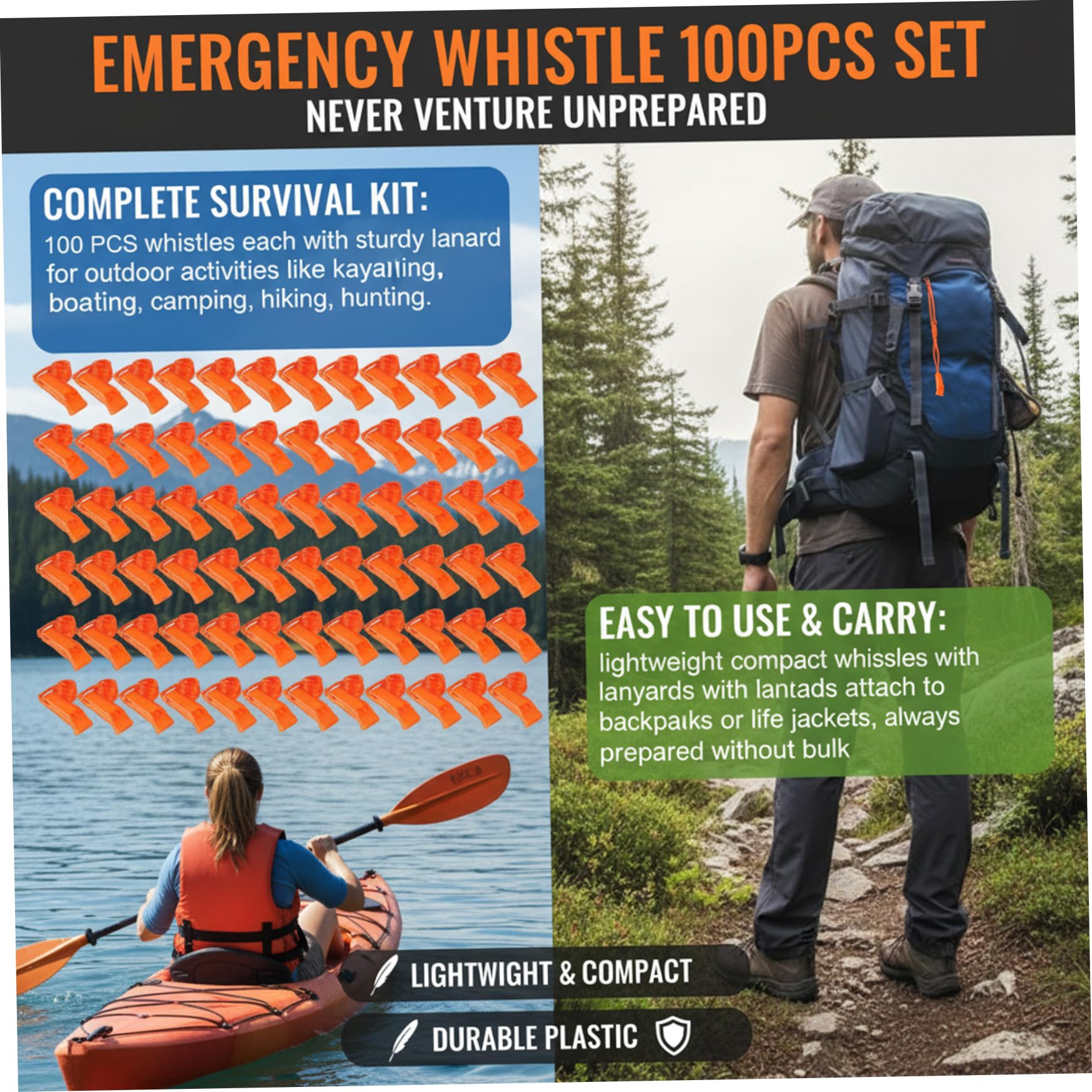Silbato de Emergencia 100PCS Silbato de Seguridad de plástico Ruidoso con cordón Equipo de Supervivencia para Kayak Can