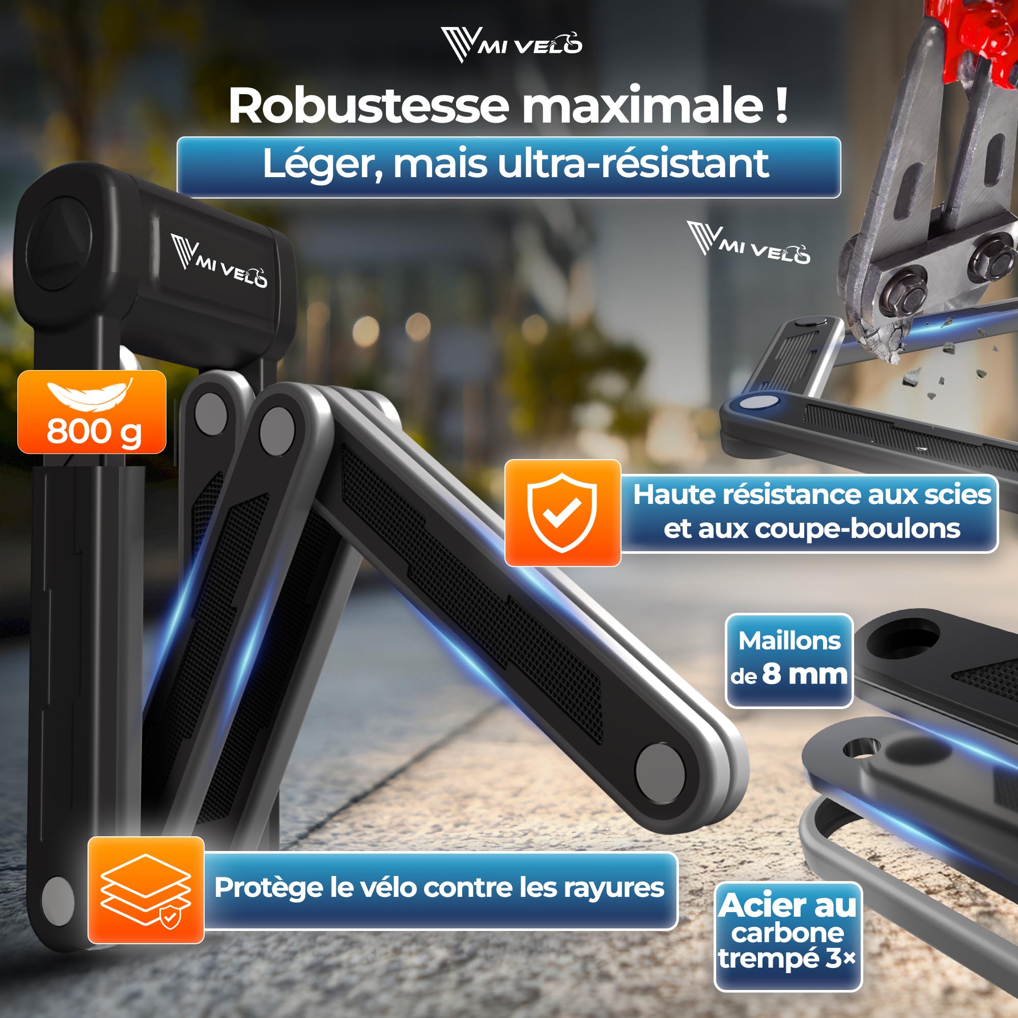 MIVELO Antivol pliable pour vélo - Haute sécurité - 85 cm de long - Antivol de vélo avec clé et support - Idéal pour vélo électrique, VTT et vélo de route - Verrouillage vélo