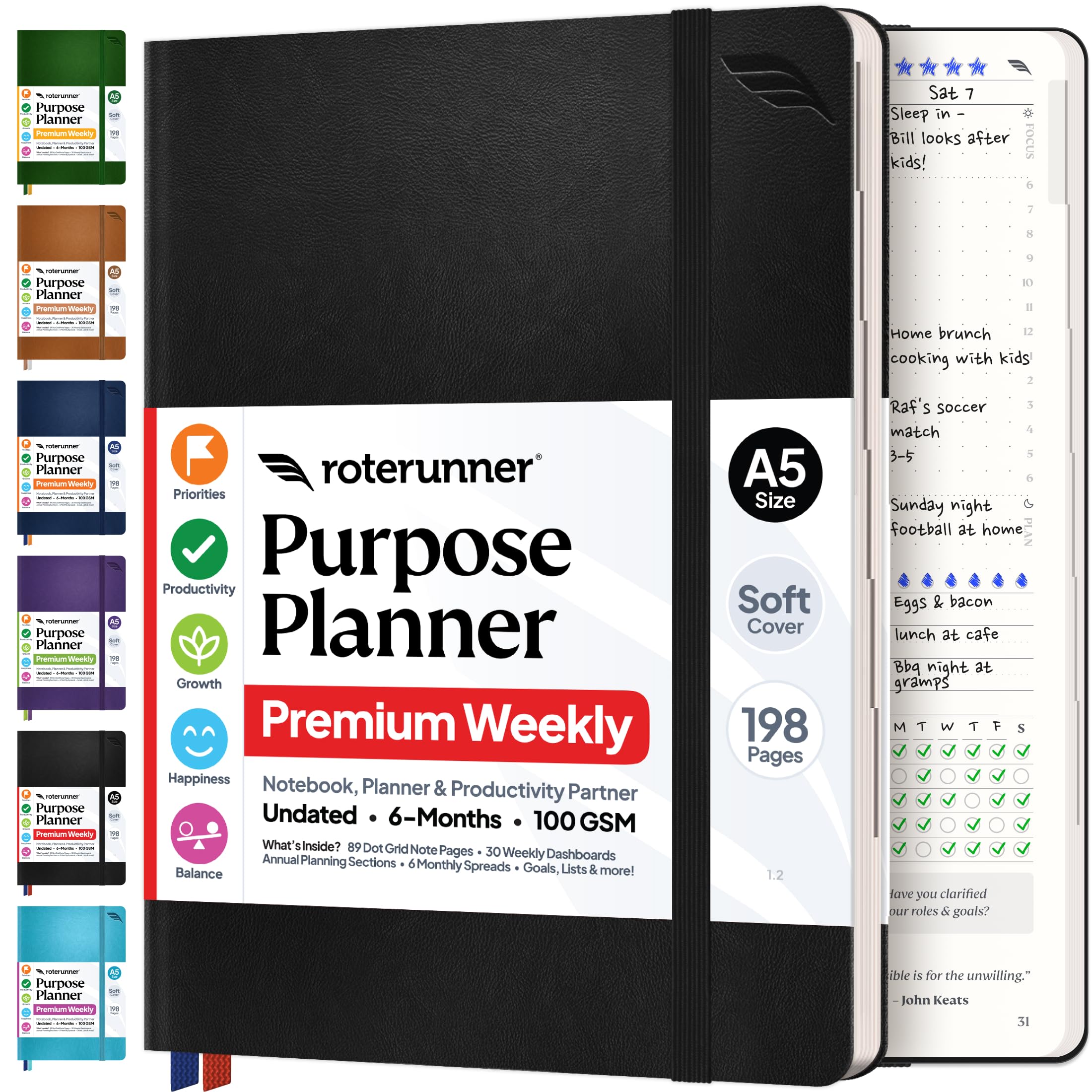 Purpose Planner A5 Undated Monthly Weekly Daily Productivity Journal 2024 Life Health Goal Setting Business Tool for Professionals Moms Academic Student Organizer Notebook (5.8"x8.3" Black Softcover)