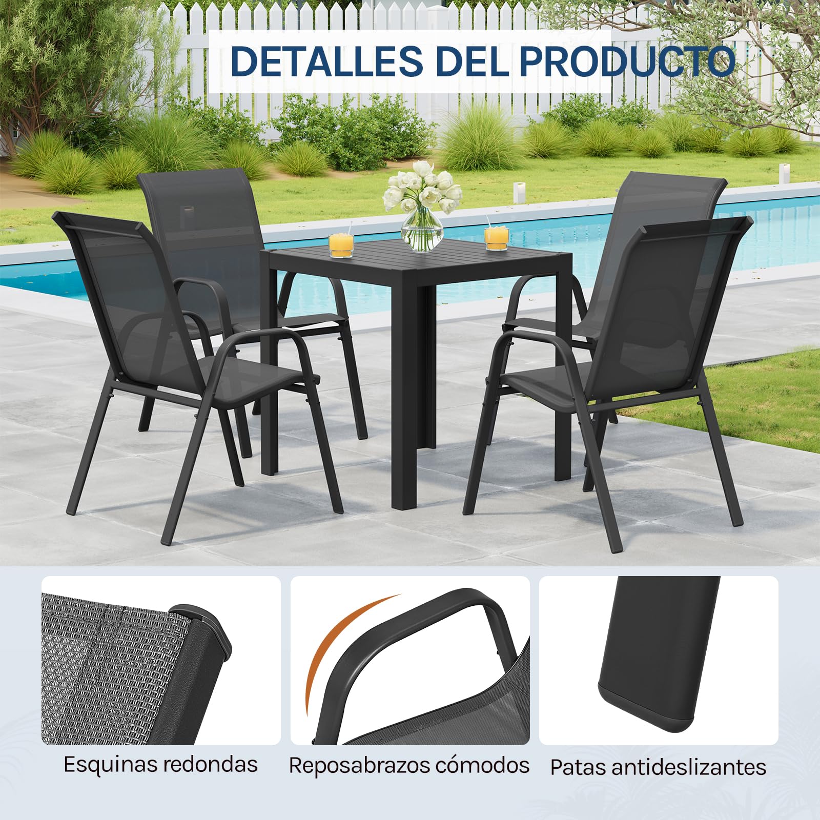 WOLTU Sillas de Jardín, Juego de 4 Sillones Apilables de Exterior, Respaldo Transpirable, Sillas para Terraza Patio Balcón, Estructura de Metal, Gris Oscuro