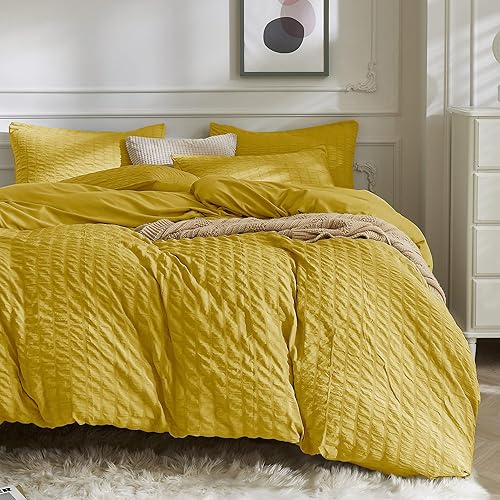 Miniatura 1 de JELLYMONI Juego de funda de edredón amarilla tamaño King, juego de cama de microfibra lavada de 3 piezas, juego de funda de edredón de sirsaca suave