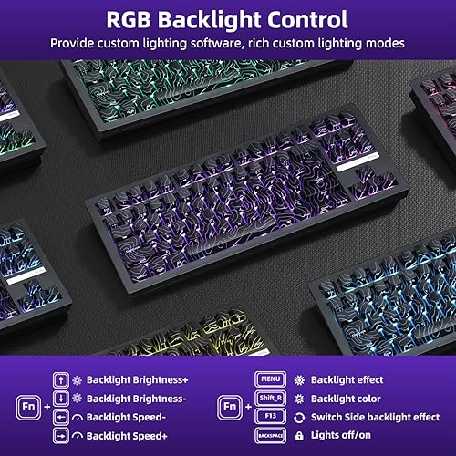 Miniatura 5 de ZORNHER ZH870 Teclado mecánico inalámbrico para juegos, 80% negro personalizado teclado de sonido cremoso con teclas topográficas negras iluminadas,