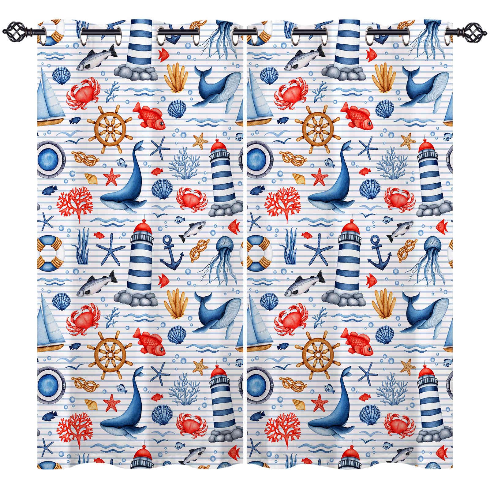 ANHOPE Watercolor Nautical Blackout Eyelet Curtains 52 x 63 Inch 2 Panels