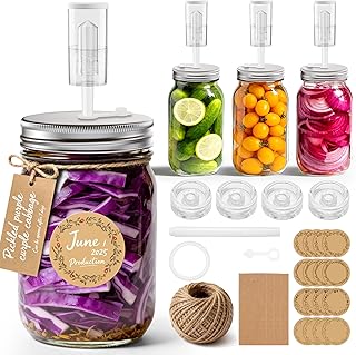 4-Pack Fermentation Kit for Wide Mouth Mason Fermentation Jar- 4 Glass Fermenting Weights, 4 fermentation Lids, 4 Airlocks, 5 Silicone Rings, 5 Silicone Grommet, Pen Stickers Rope (Jars not Included)
