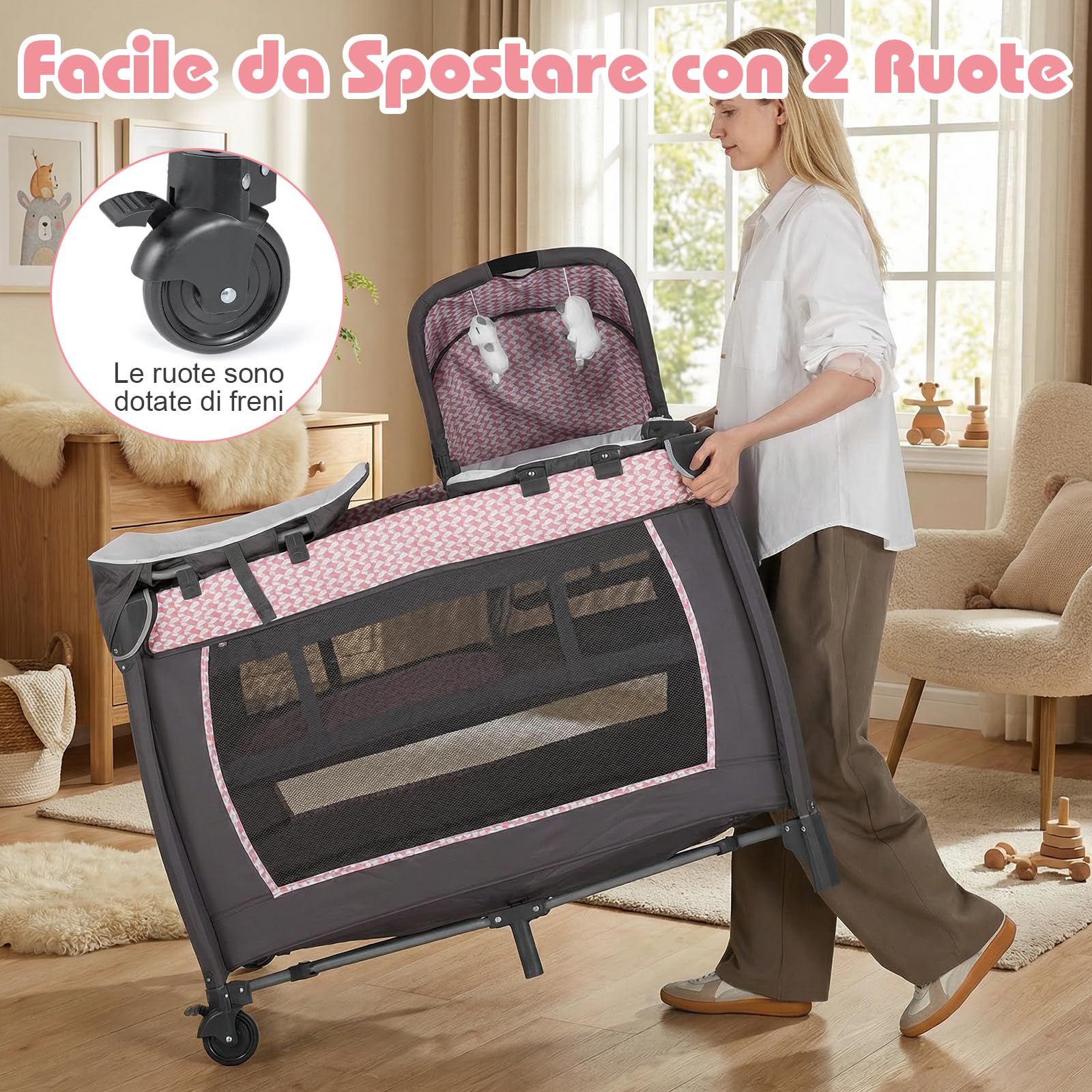 RELAX4LIFE 5 en 1 Cuna Bebé con Moisés, Cambiador, Colchón, Juguetes Colgantes, Bolsa de Transporte, y Ruedas con Frenos, Cuna de Viaje Portátil y Plegable para Bebé 0-36 Meses (Rosa)