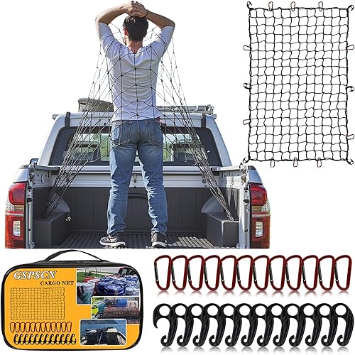 GSPSCN Cargo Net 6' x 4' for Truck Pickup Bed, Trailer,Boat,RV SUV Stretches to 12'x18' Max Roof Rack Net,Small 4”x4” Mesh Heavy Duty Bungee Cord Netting Compatible with Dodge Ram,Chevy Ford,Toyota
