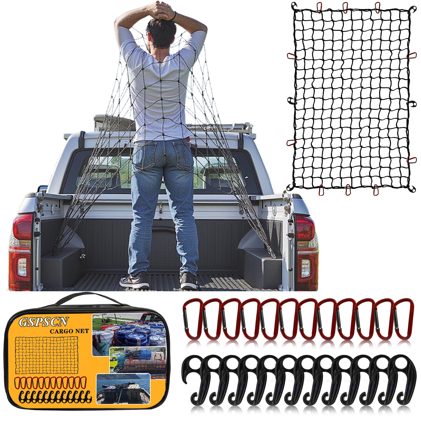 GSPSCN Cargo Net 4' x 6' for Truck Pickup Bed, Trailer,Boat,RV SUV Stretches to 12'x18' Max Roof Rack Net,Small 4”x4” Mesh Heavy Duty Bungee Cord Netting Compatible with Dodge Ram,Chevy Ford,Toyota