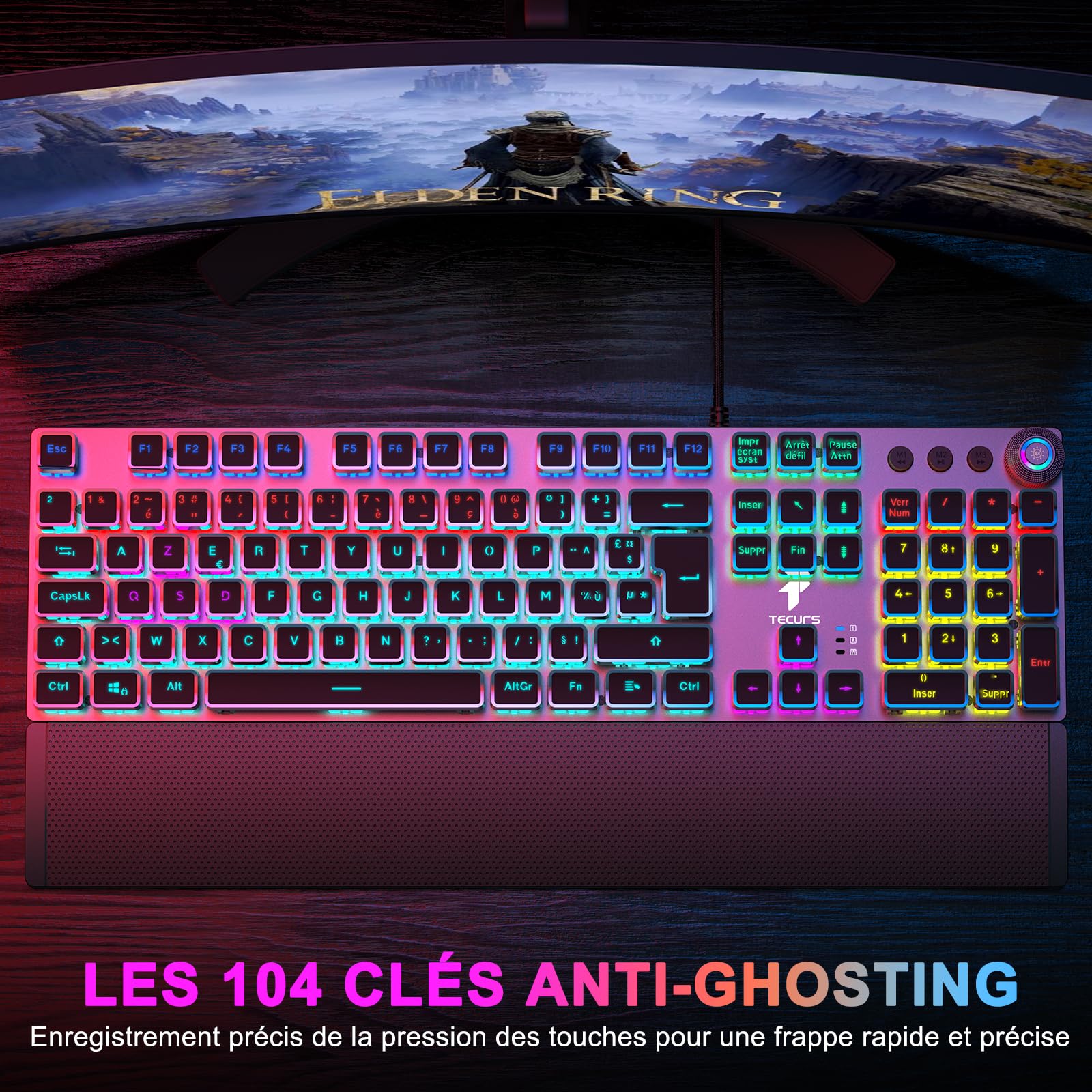 TECURS Clavier Gaming Mécanique - Clavier Gamer Programmable avec Repose-Poignet Magnétique, Switchs Rouges, 19 Modes LED, Touches Multimédia, Clavier AZERTY PC/Wins/PS4