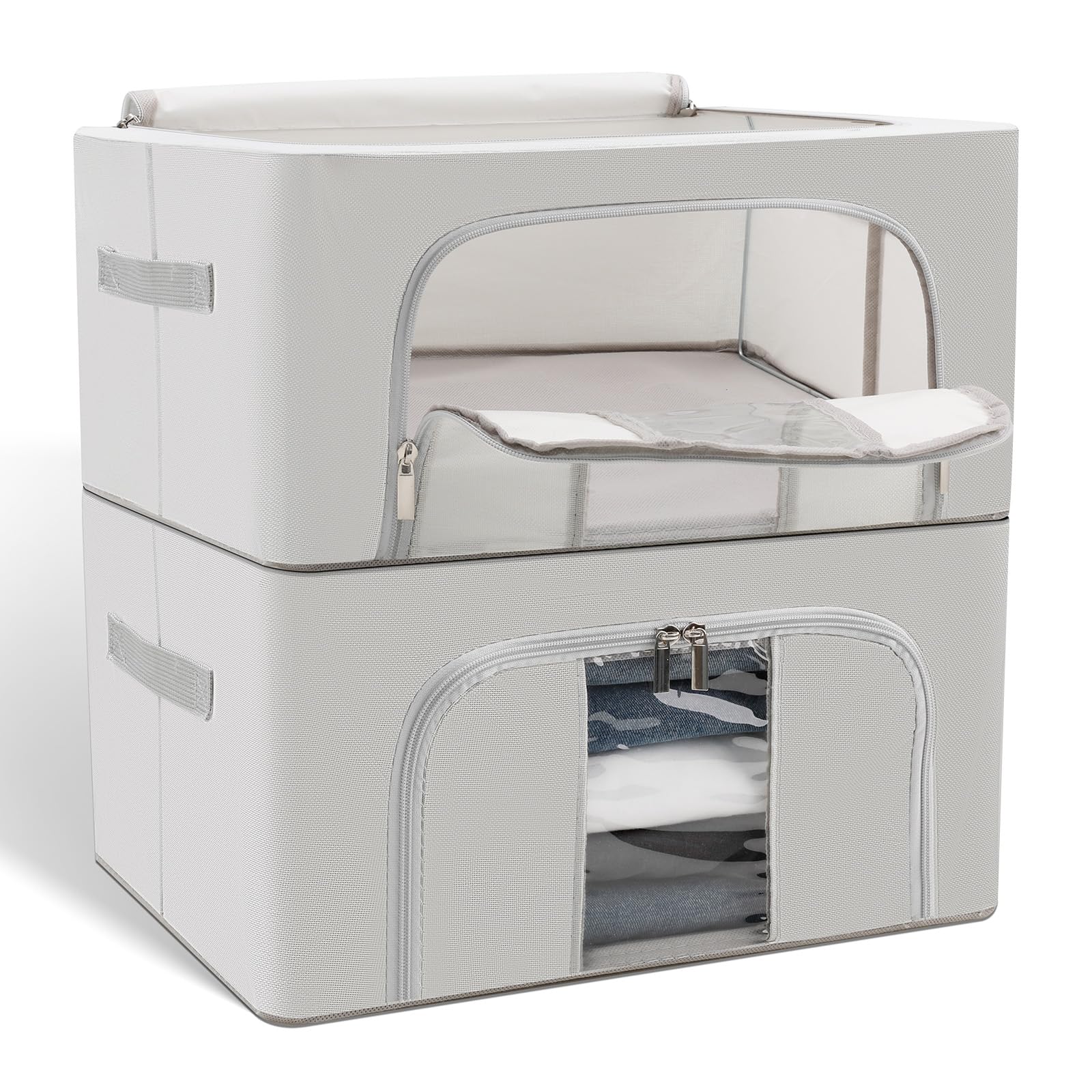 Cozary Cajas Almacenaje Ropa con Cremallera Estructura de Metal,2 Piezas 24L, Almacenaje de Ropa Estable 40 x 30 x 20 cm, Plegable, Apilables,para Guardar Ropa, Juguetes, Libros y Más