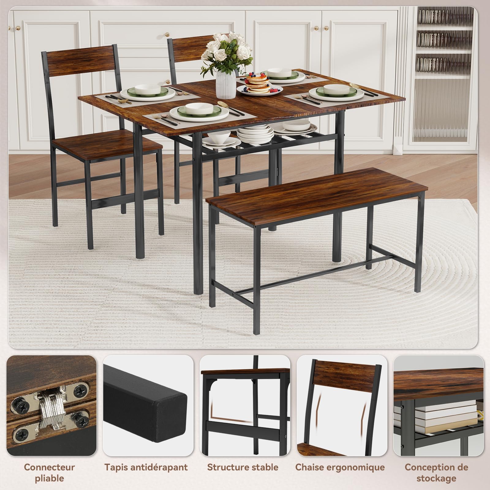 YU YUSING Table Pliante Extensible de Salle à Manger (60-120)x75x76cm avec 2 Chaises et 1 Banc - Ensemble de 4 Meubles - Bois et Métal - Marron Rustique