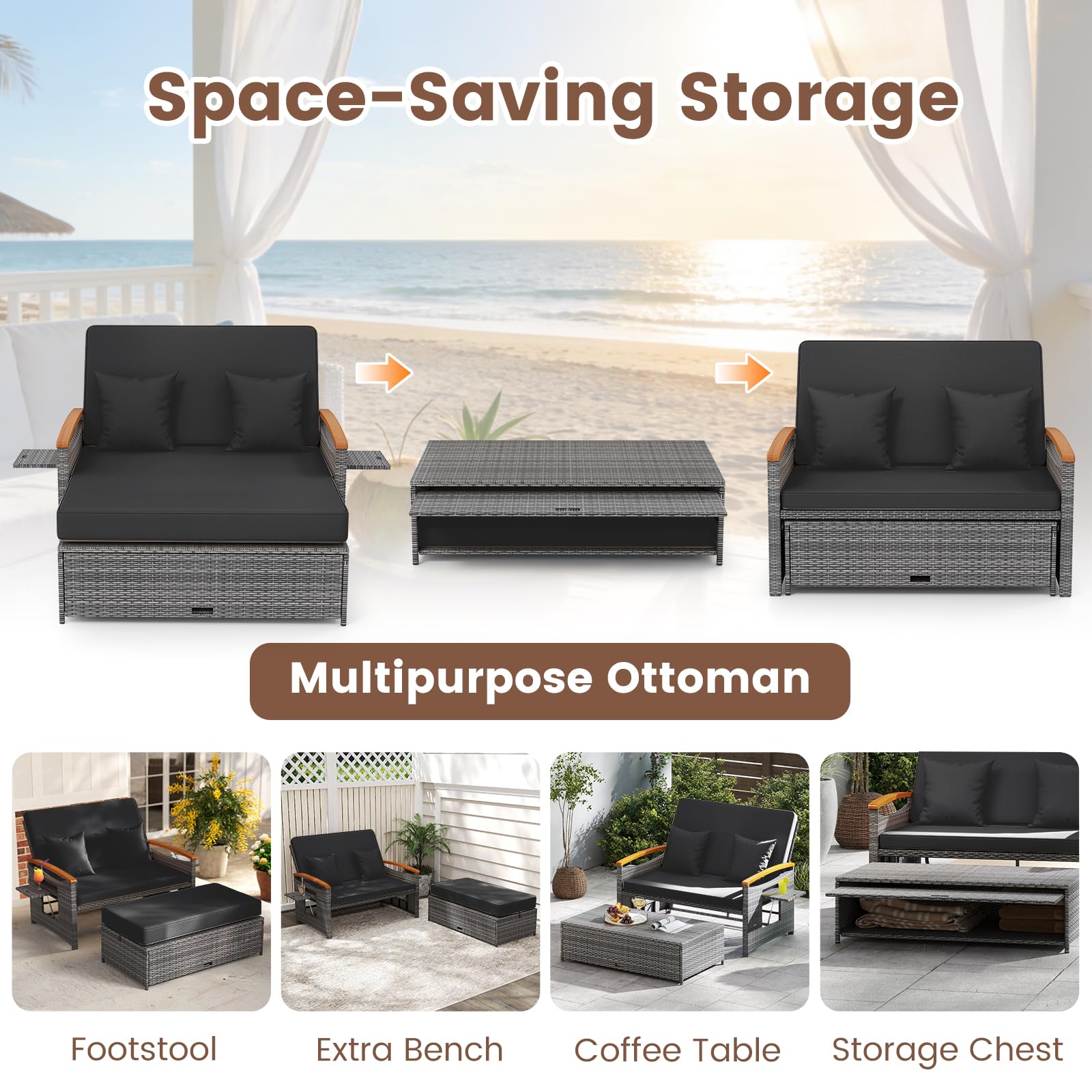 GIANTEX Meuble Extérieur 2 Pièces en Rotin PE avec Ottoman (Gris + Noir)