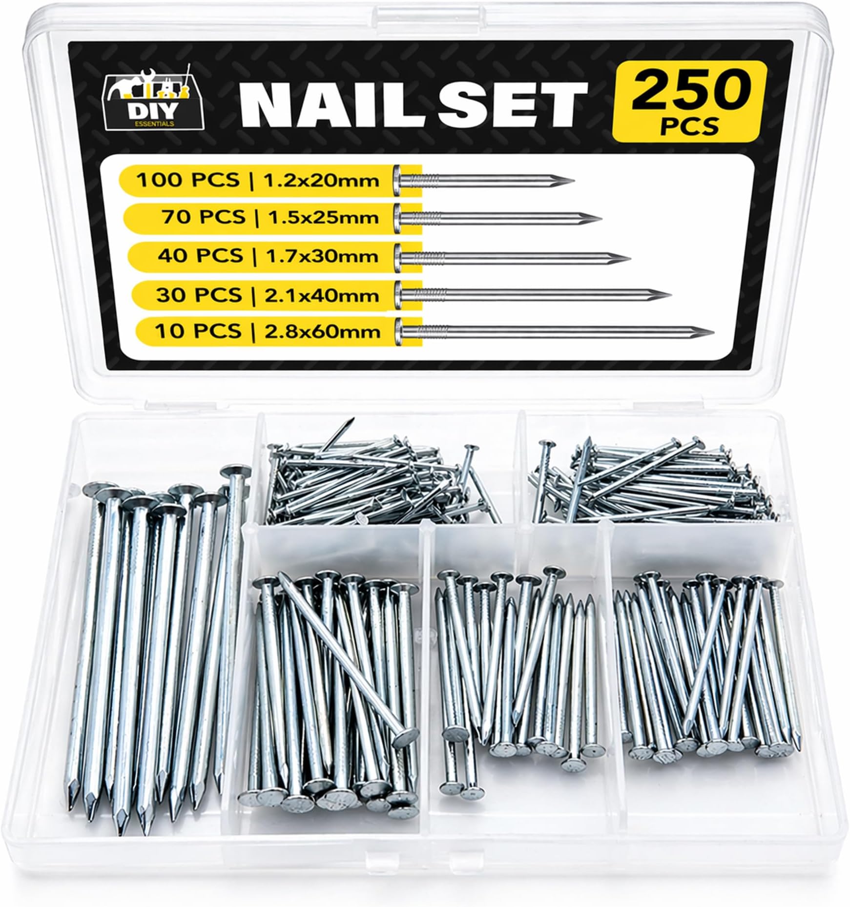 SOL 250pk Nails for Wood Set Assorted 20mm-60mm Flat Head Small to Long Sizes Ideal for Fence, Wall, Wood Nails Outdoor Use, Masonry DIY Construction, Picture Hanging and Home Improvement