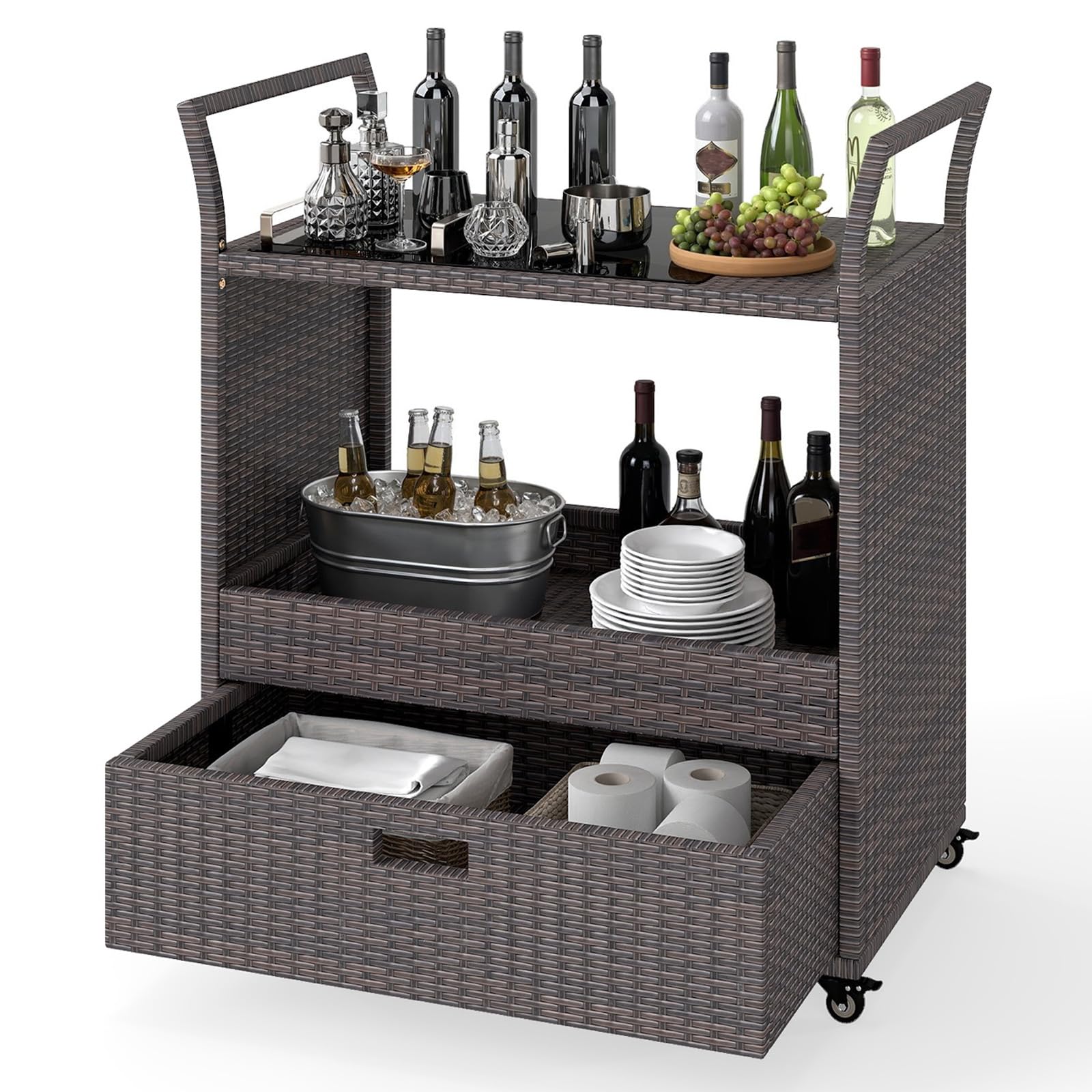 GIANTEX Chariot de bar d'extérieur avec roues, chariot de service en rotin avec étagère en verre trempé, étagère de rangement et tiroir amovible pour véranda, jardin et bord de piscine
