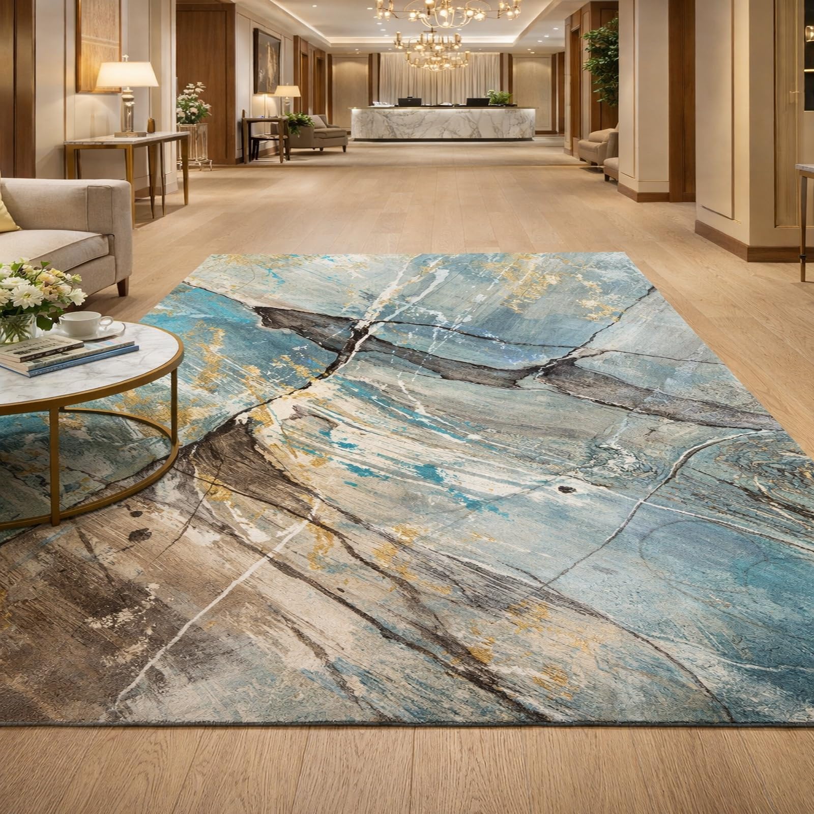 Tapis de salon 170x200 cm abstrait bleu et jaune pour salle à manger