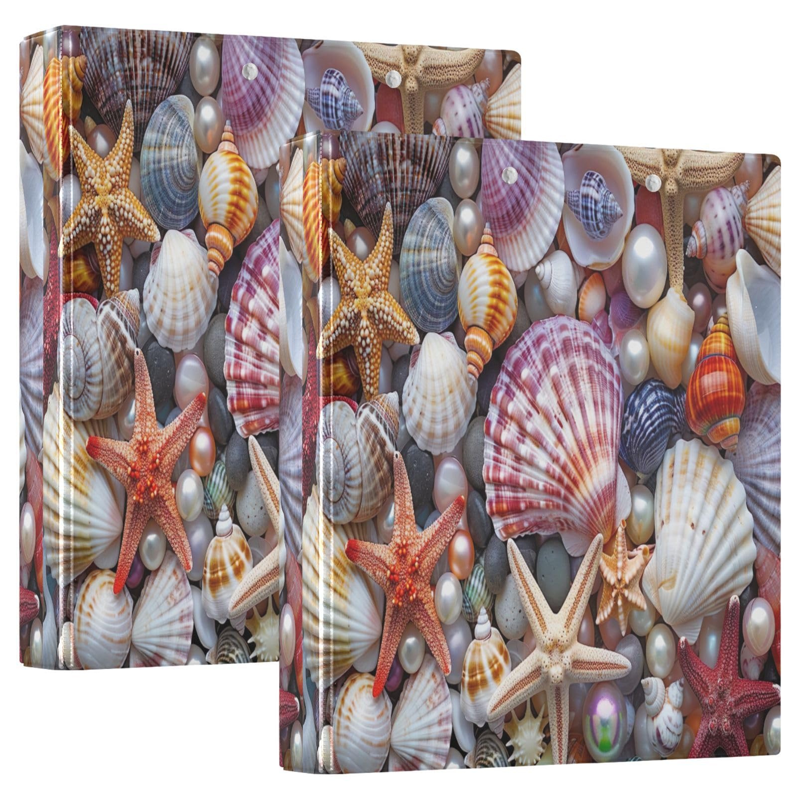 Confezione da 2 raccoglitori a 3 anelli, con conchiglie colorate, stelle marine, con portablocco a D, grandi raccoglitori a 3 anelli, per scuola, università, ufficio
