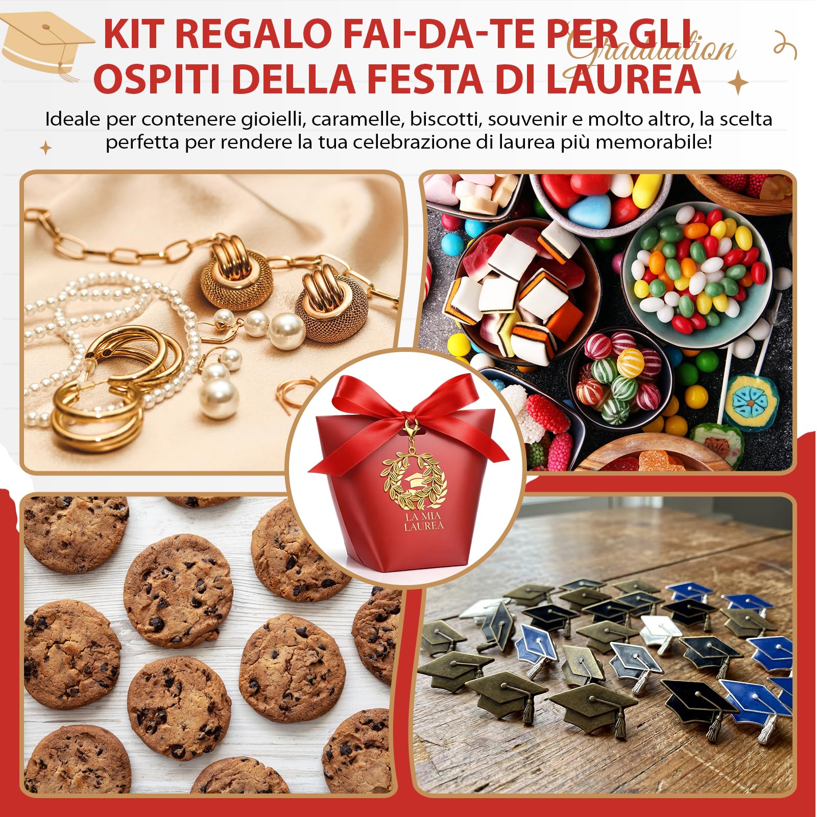 BBTO 50 Sets Cajas de recuerdos de graduación Incluye 50 Rojo cajas de recuerdos 50 llaveros de Corona de laurel 1 rollo de listón rojo Regalos de decoración para fiesta de graduación hechos a mano