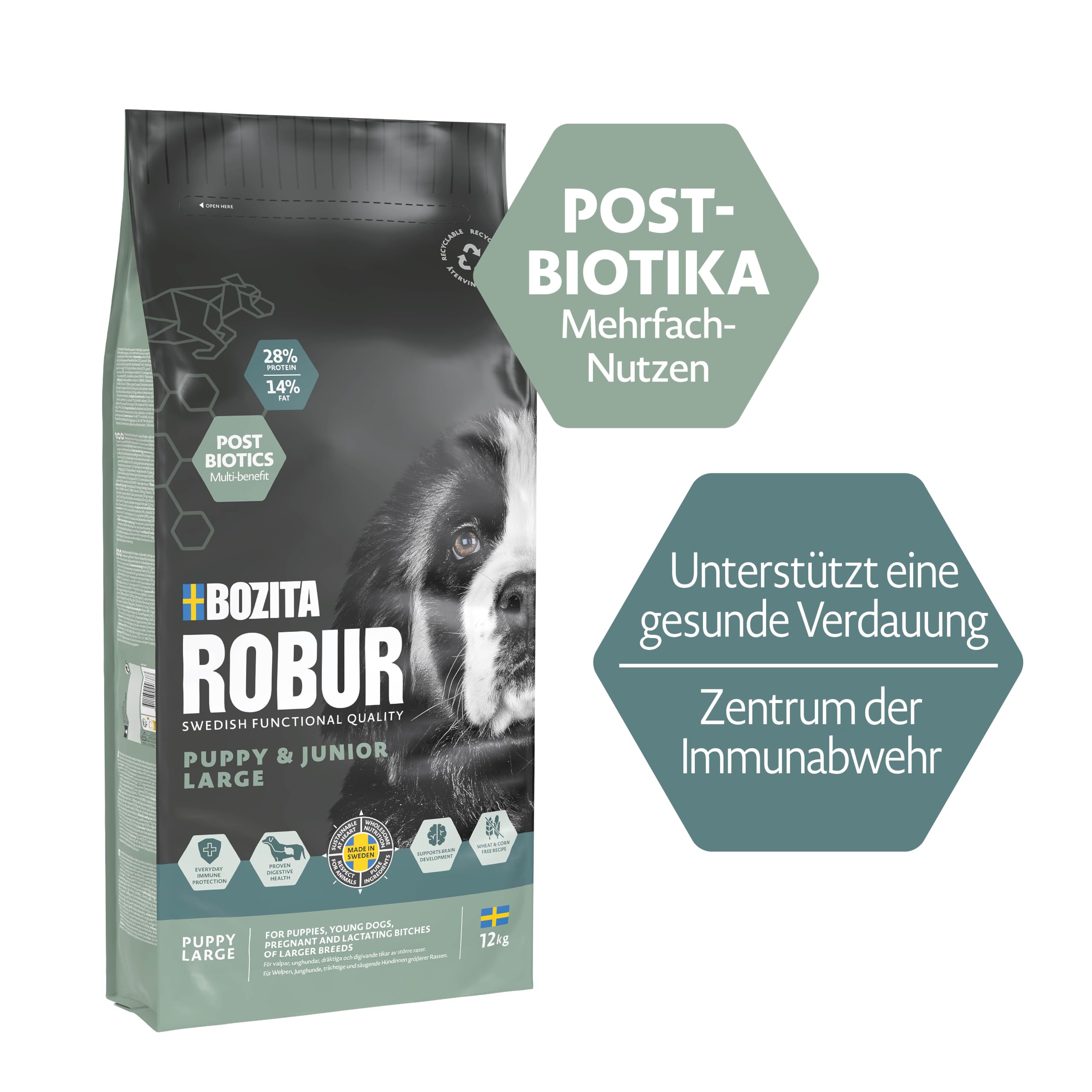 Bozita ROBUR Puppy & Junior XL Huhn 12kg - Welpenfutter Trockenfutter mit hoher Akzeptanz, Postbiotika, ohne Weizen für mittelgroße bis große Rassen und Welpen die eine große Krokette wollen