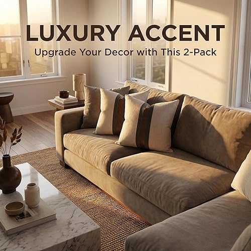 Miniatura 6 de BOYSUM Set of 2 Leather Throw Pillow Covers Outdoor Decor Patchwork Linen Brown Faux Leather Pillows Cover for Couch Sofa,Beige 12"x20