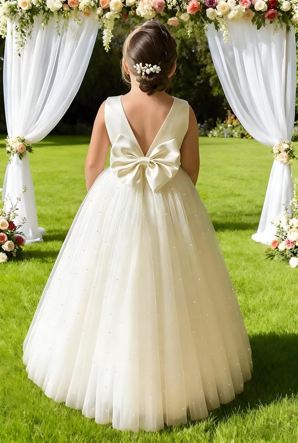Flower Girl Dress for Wedding Pearls Tulle Dresses Kids Princess First Communion Pageant Party Satin Bowknot Gowns