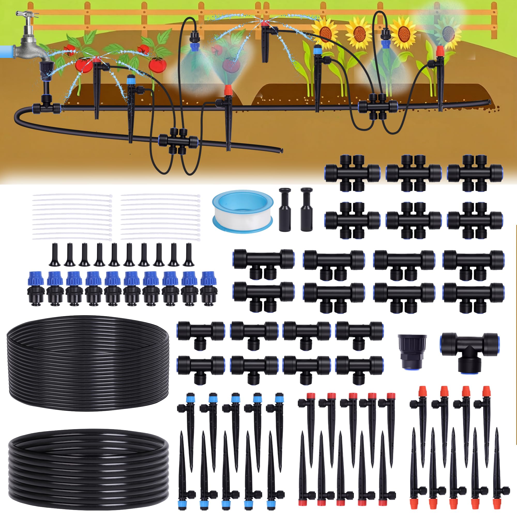 Système d'irrigation de jardin de 70 m avec 40 buses et émetteurs, système d'arrosage automatique avec 1/2" (9 mm ID, 12 mm OD) et 1/4" et raccords barbelés, pour plates-bandes surélevées