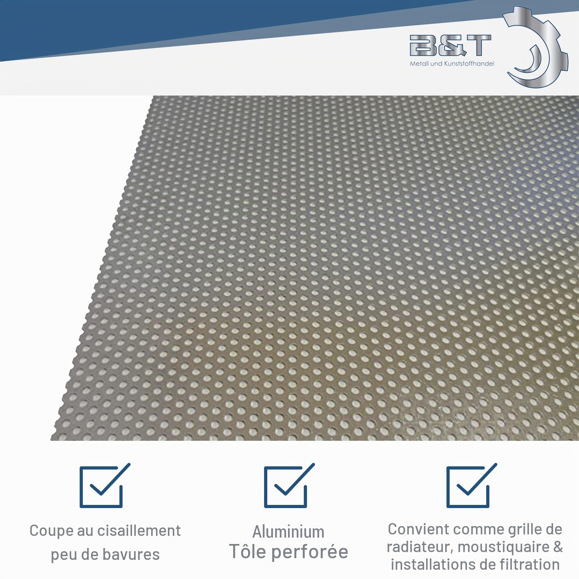 B&T Metall Tôle perforée en aluminium, 1,0 mm d'épaisseur, diamètre des perforations 3 mm, trous décalés, RV 3-5