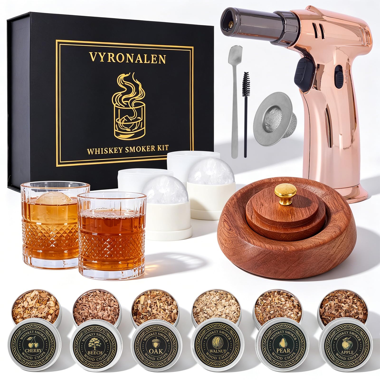 Whiskey Smoker Kit with Triple-Flame Torch, 18-Piece Old Fashioned Smoker Kit with 6 Wood Chips, 2 Heavy 10 oz Whiskey Glasses &amp; 2 Ice Ball Molds, Bourbon Cocktail Gifts for Men Dad Husband, No Butane