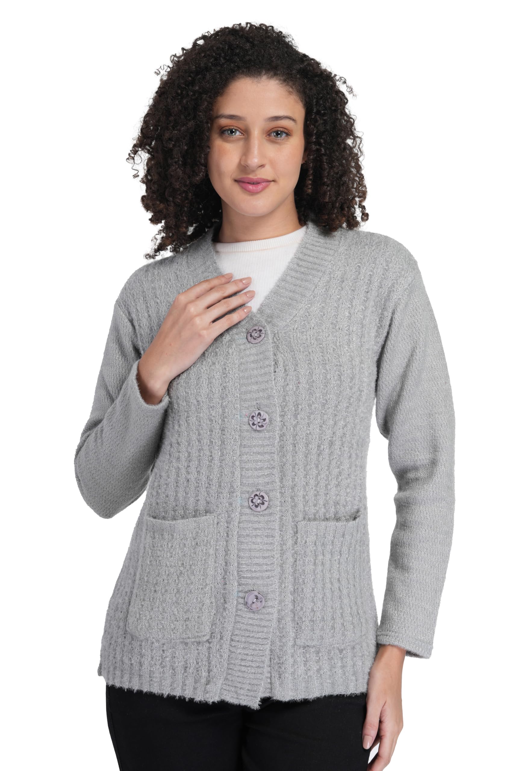 manra Women's Woolen V-Neck Buttoned Full Sleeve Cardigan Self Design Soft Wool Fabric Winter Wear Pure Wool Sweater Fully Warm with Front Pockets Stylish Cardigan-picture-11