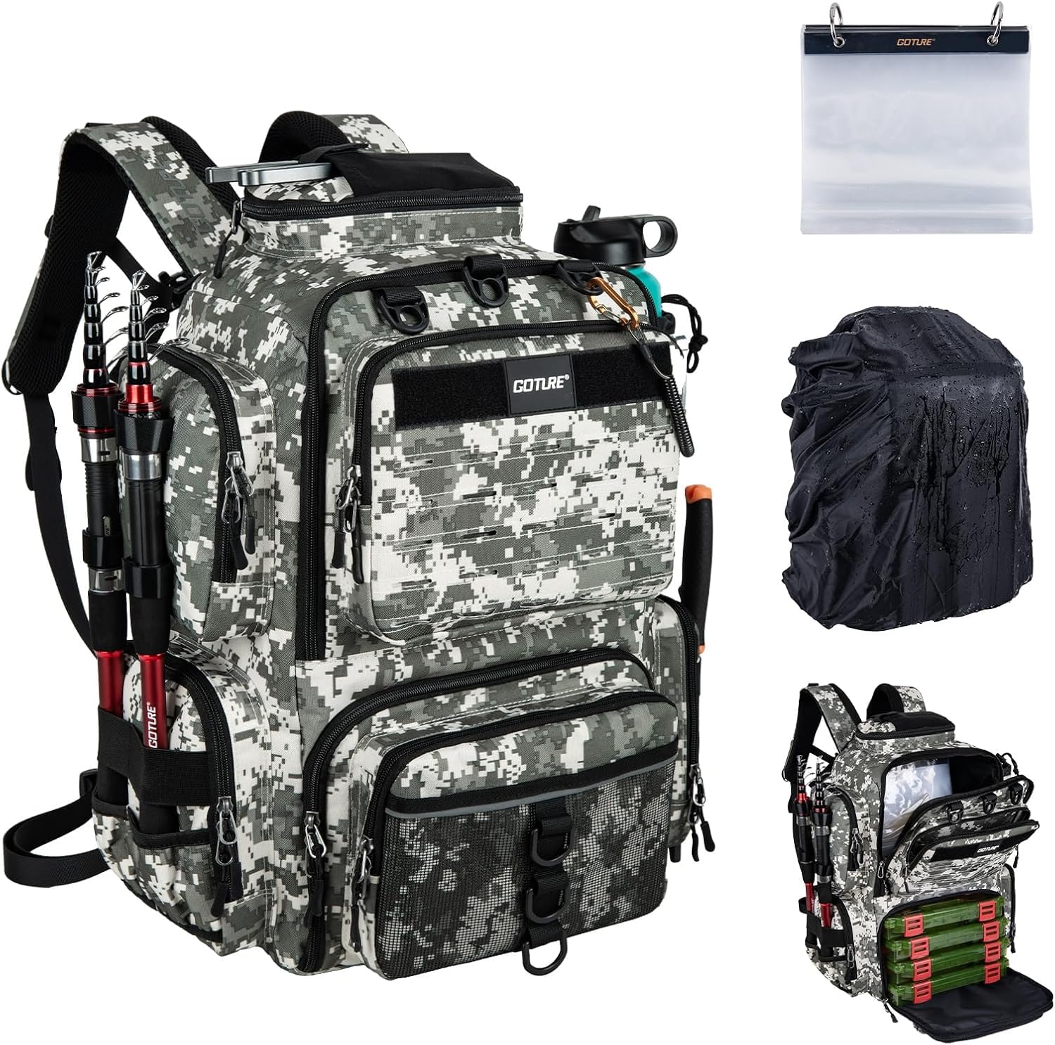Goture Mochila de pesca de 45 litros con dos soportes para cañas y protector de lluvia, tela Oxford 600D, bolsa impermeable para aparejos de pesca con compartimento ajustable, Estilo A: Motif