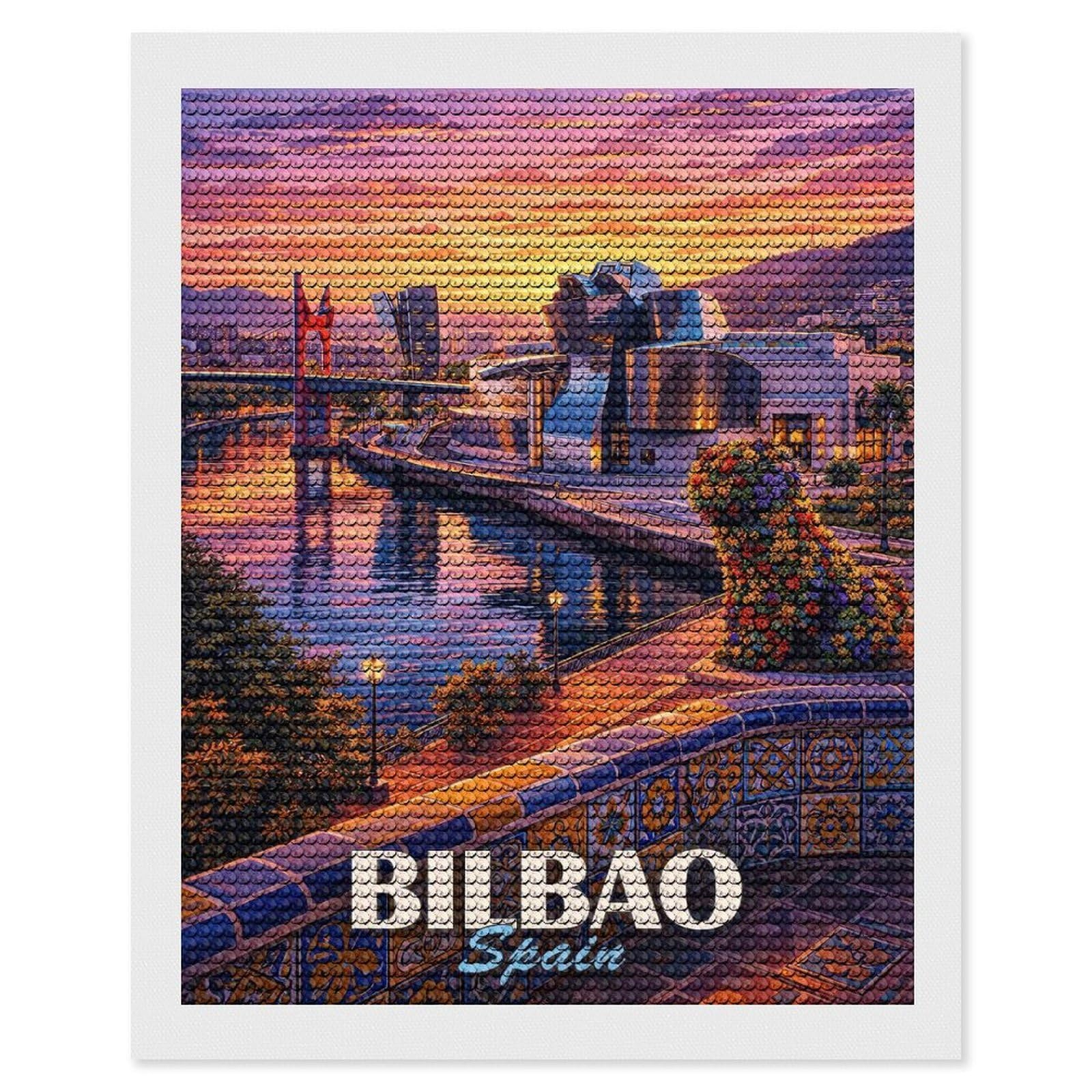 Junmoney Bilbao Spain Cityscape at Sunset Diamond Painting Kit 16"x20", Thoughtful Handmade Gift, for Creative Relaxation, Printed Canvas, Cosy Home Accent