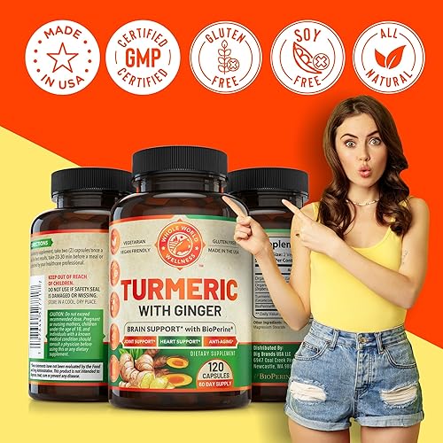 Miniatura 7 de Curcumina de cúrcuma con bioperina y jengibre para la salud del corazón, antienvejecimiento, salud cerebral y apoyo articular  Extracto tumérico