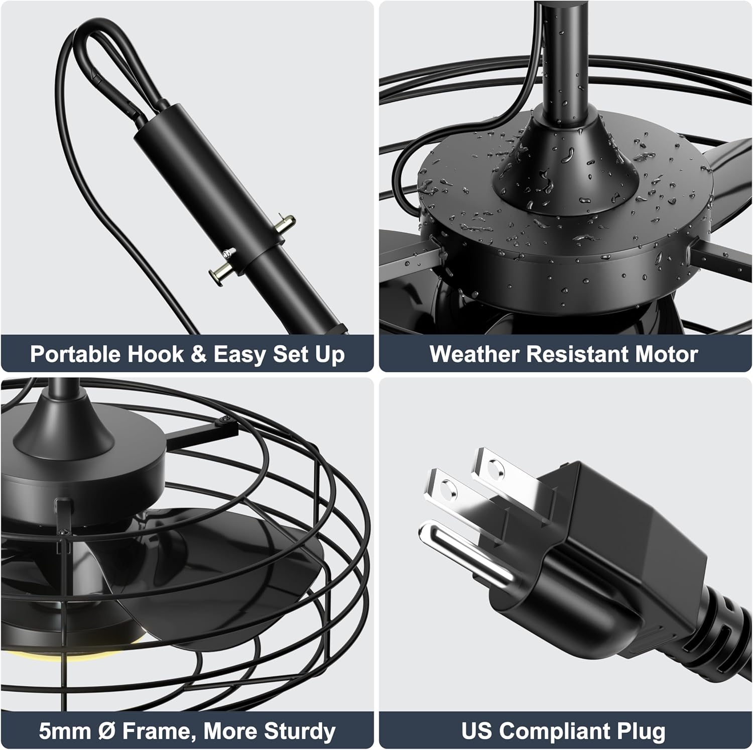 Close-up images of fan features: portable hook, weather-resistant motor, sturdy frame, and US compliant plug