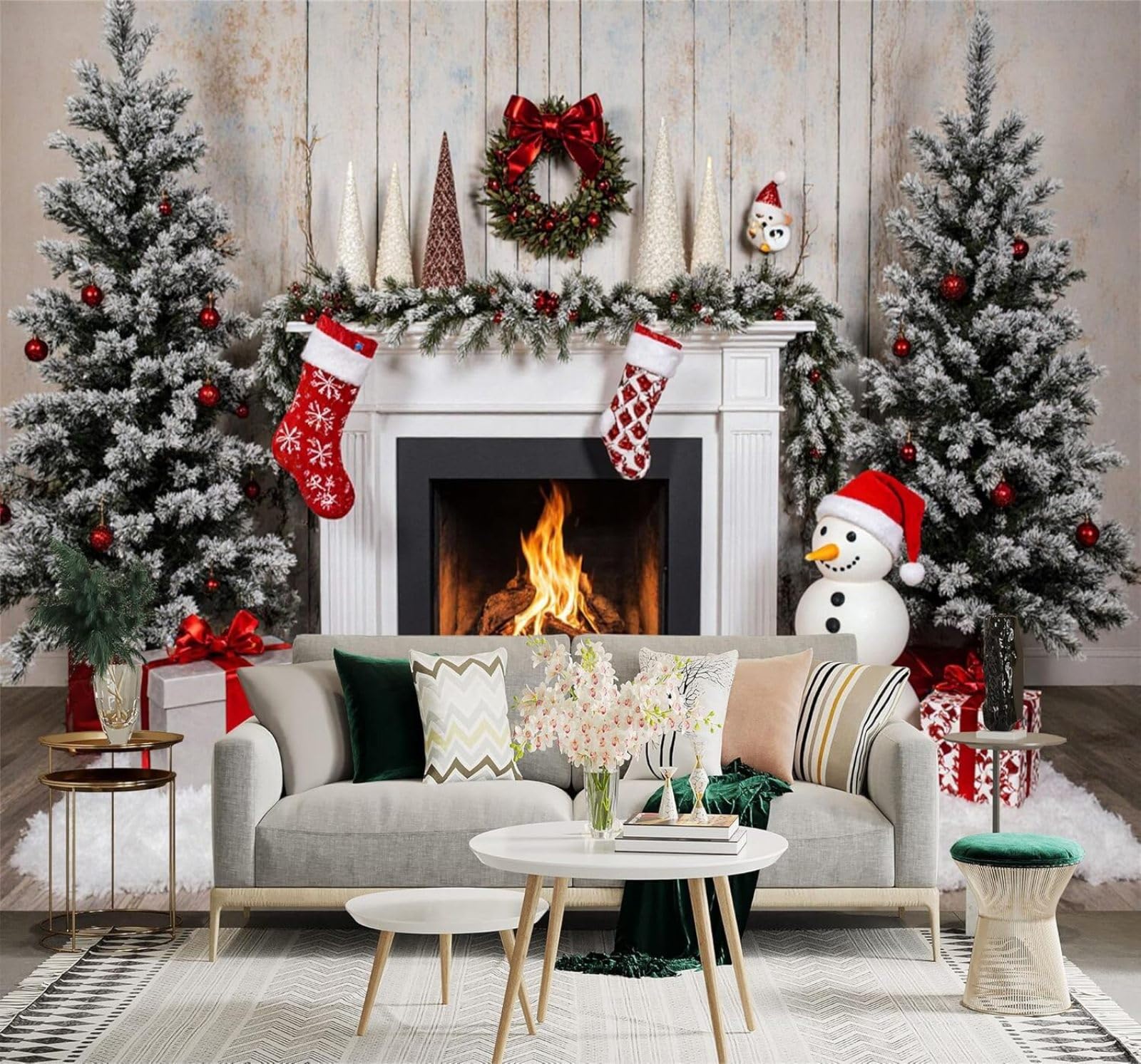 Xlming 350Cm×256Cm(B×H) Three Dimensional Snowman Fireplace Frosted Pine Tree Wood Grain 3D Wallpaper Premium Textured Silk Study Dining Living Room Bedroom Sofa Tv Wall Easy Install-350Cm×256Cm