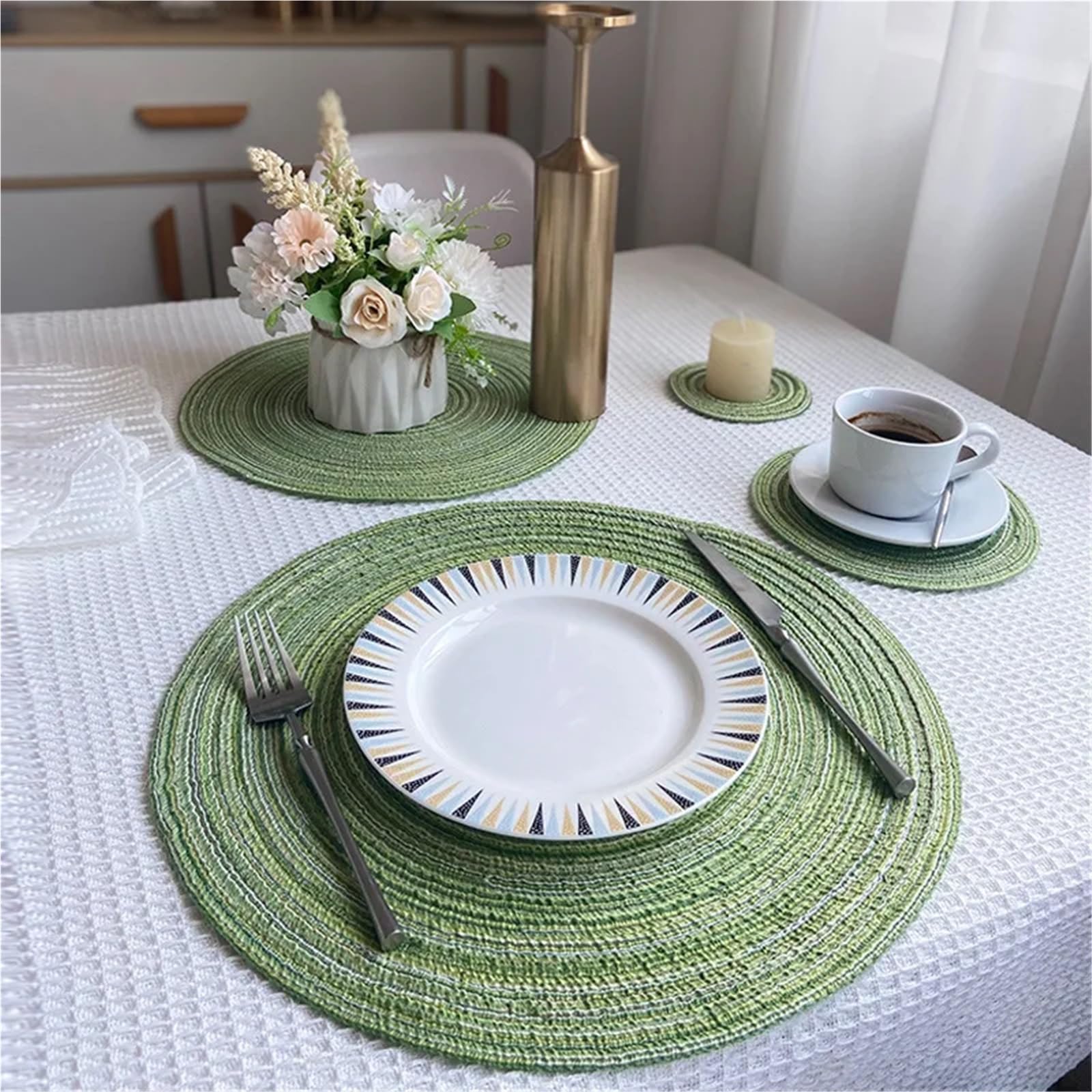 2 manteles individuales de hilo de algodón for la cena, redondos, tejidos con ramio, tapete for tazas, tapete aislante térmico, posavasos antideslizante y antiescaldaduras Para Platos, Tazones(Orange,