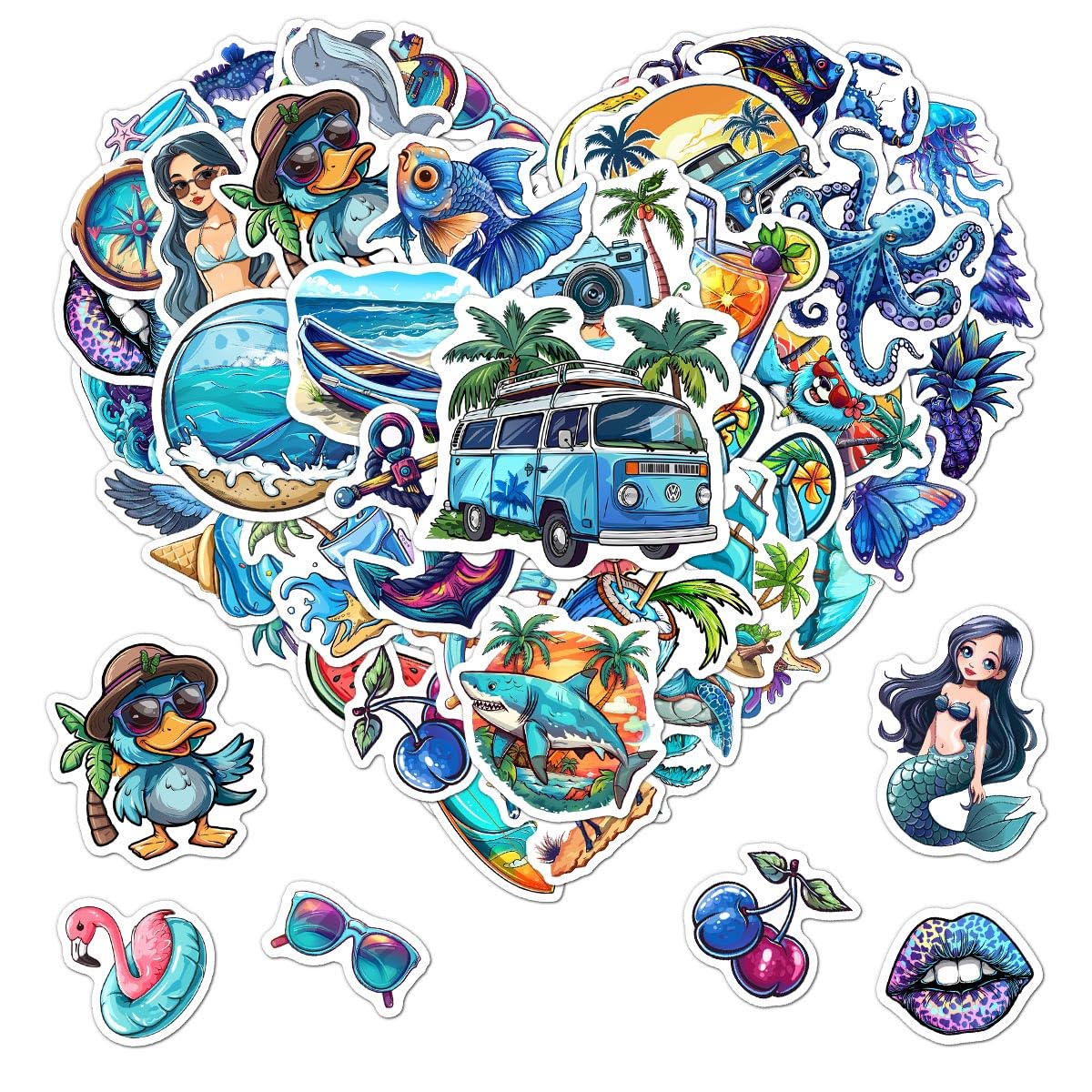 Pack 50 Pcs Cute Blue Beach Summer Stickers for Water Bottles Funny Laptop Luggage Computer Scrapbooking Teens Girls Boys Adults Waterproof Aesthetic