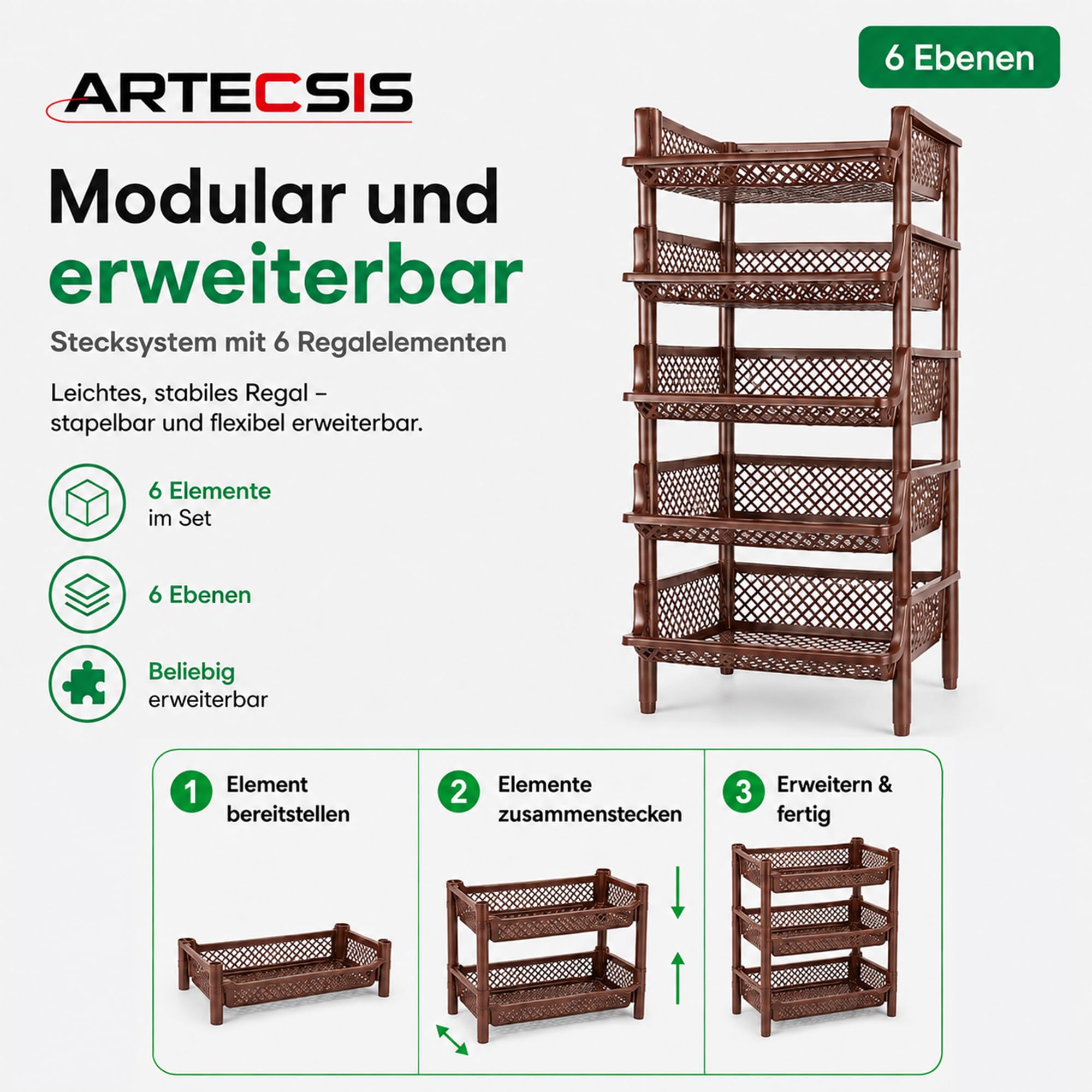 ARTECSIS Korbregal aus Kunststoff stapel-/erweiterbares Stecksystem als Stapelregal, 6 Regalelemente in Braun