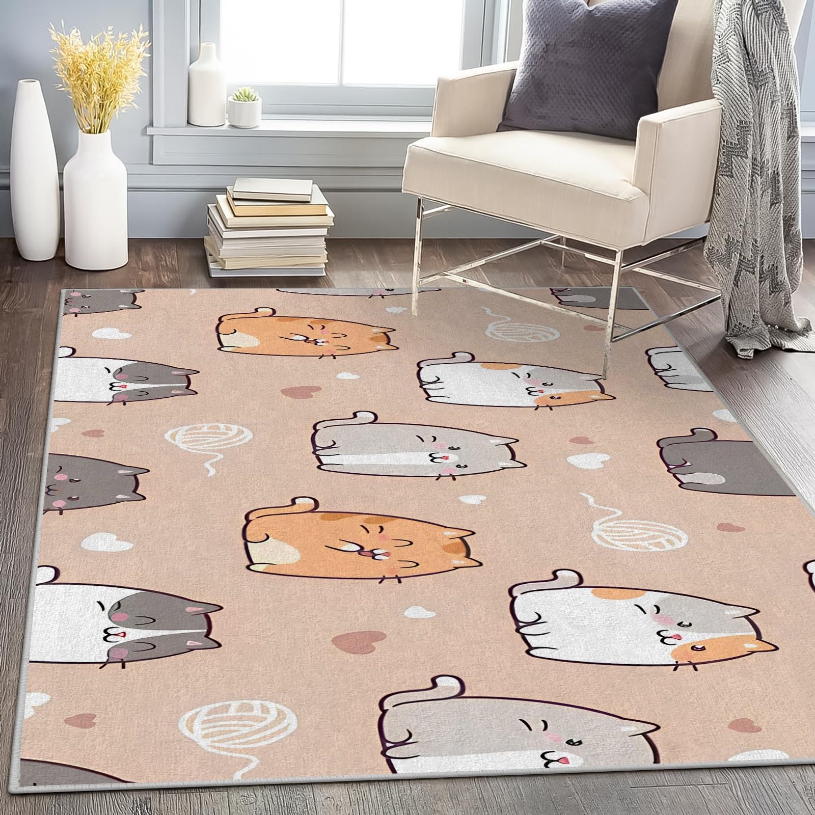 Waschbar Wohnzimmer Teppich Katze 200x300 Kurzflor Teppich Schlafzimmer, Beige Tiere Teppiche Gegend Groß Küchenteppich Dünn rutschfest Saugfähig für Esszimmer