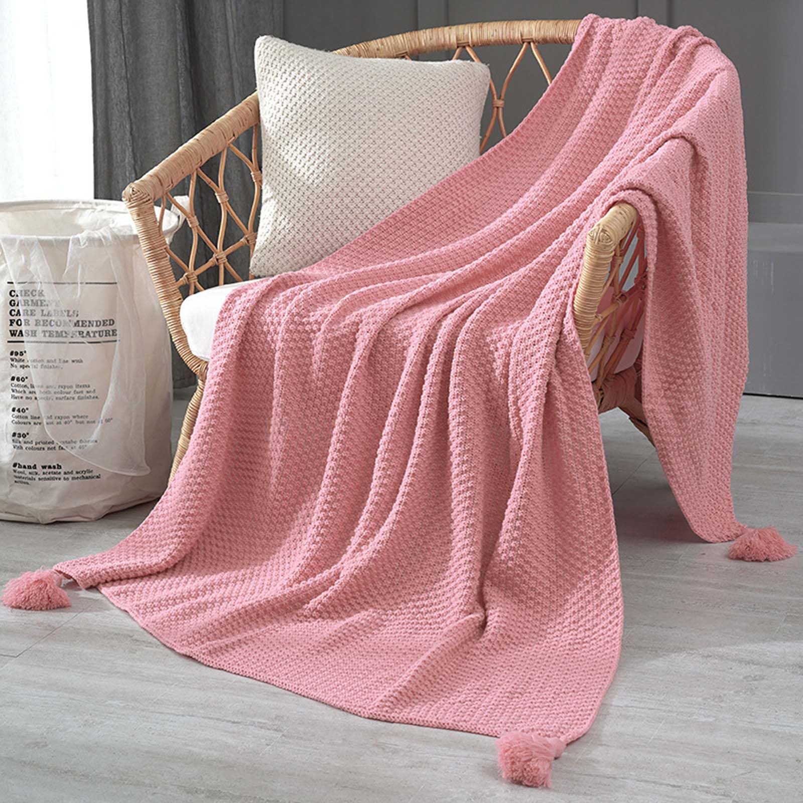 Coperta in maglia a nido d'ape, sciarpa da letto in acrilico, da viaggio, morbida maglia per tutto l'anno, 130 x 230 cm, con nappe decorative con pompon, 8 tonalità di terra solida per