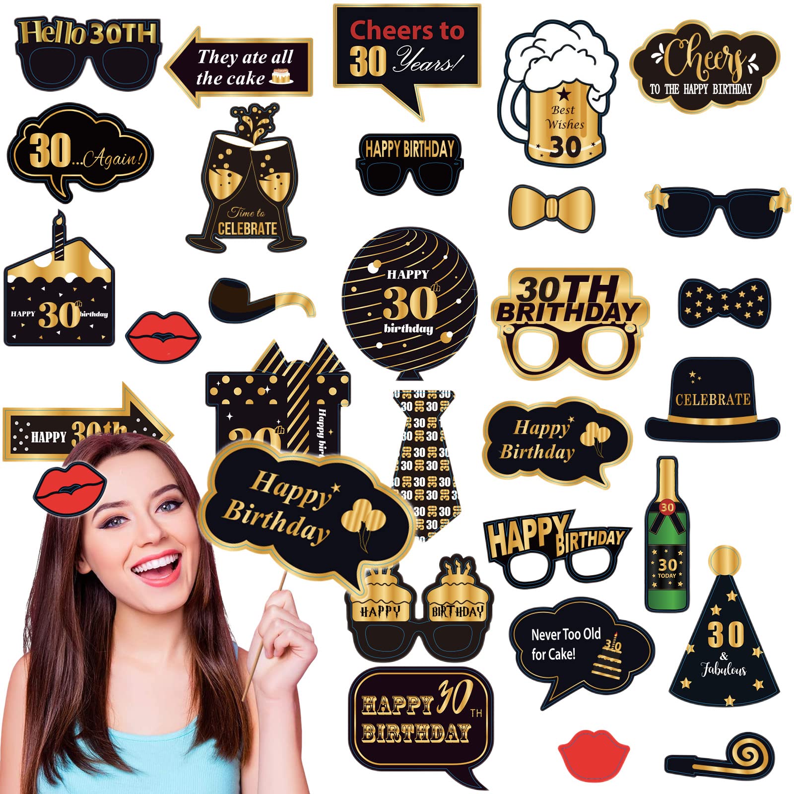 cosoro 32Pcs 30th Birthday Props Black Gold,30th Birthday decor for Women,Men,30th Birthday Party Selfie Props,30th Photo Booth Props Kit Birthday Gifts for Lady Him Her 30th Birthday Party decor