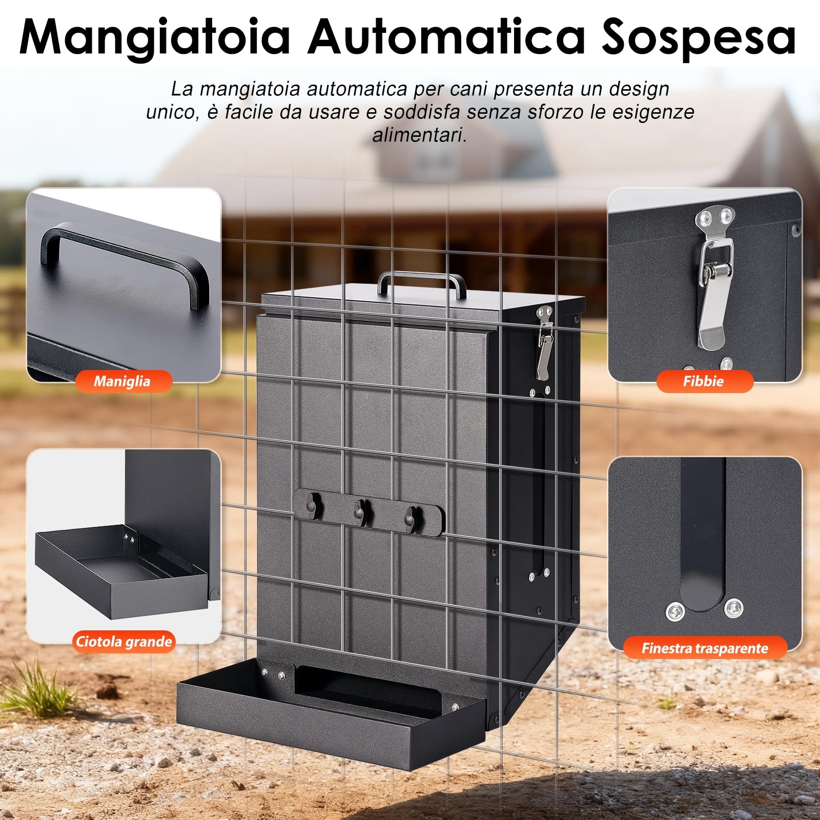 Distributore Automatico di Cibo per Cane in Acciaio Zincato a Sospensione, Distributore Automatico per Animali Domestici a Gravità per Esterno, Grande Capacità da 16 L per Gatti Canie Conigli
