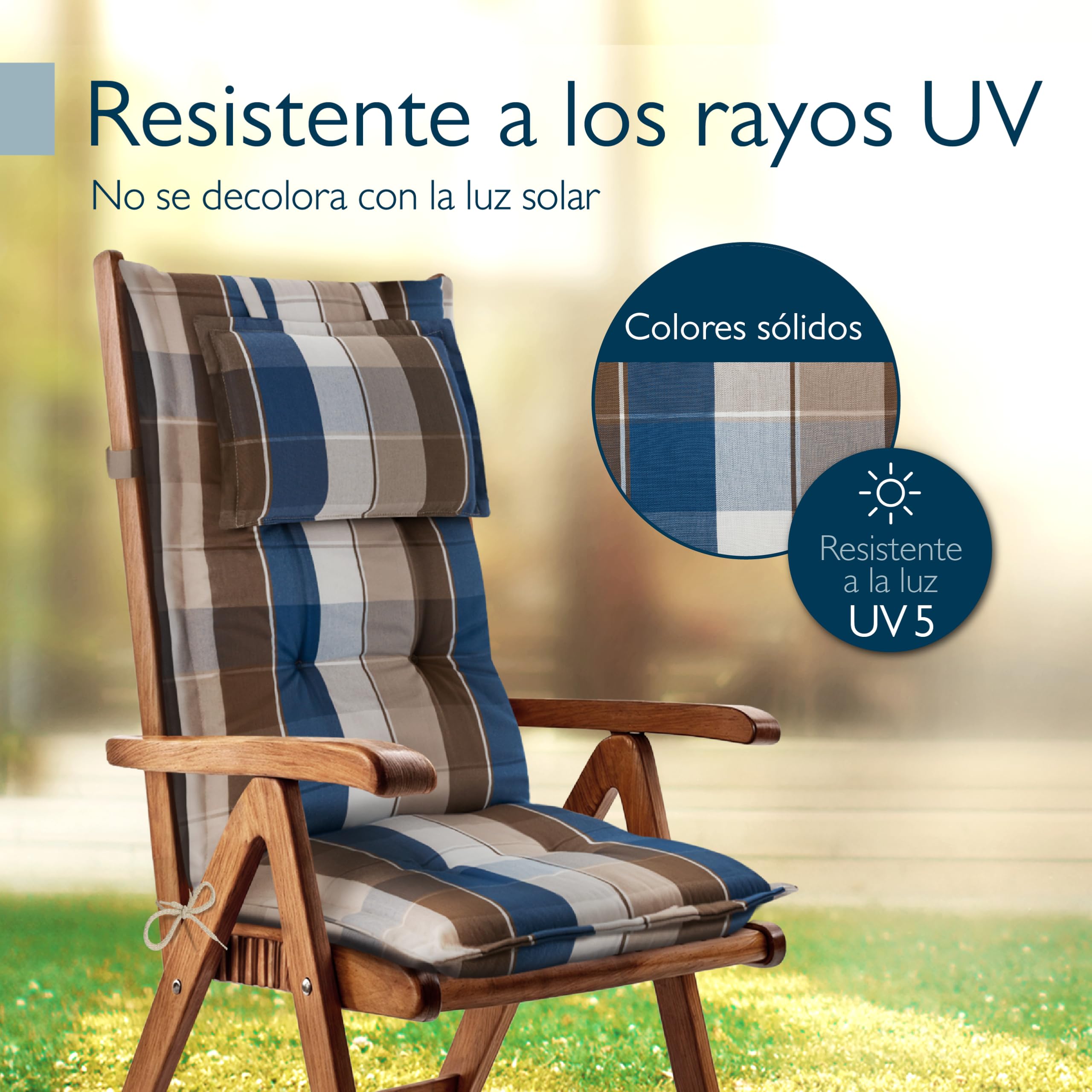 Beautissu Set de 2 Cojines para Sillas de Balcón con Respaldo Alto 120x50cm – Almohadillas de 7cm para Exterior, Tumbonas y Terrazas – HighLux HL – Marrón-Azul a Cuadros – Hecho en la UE