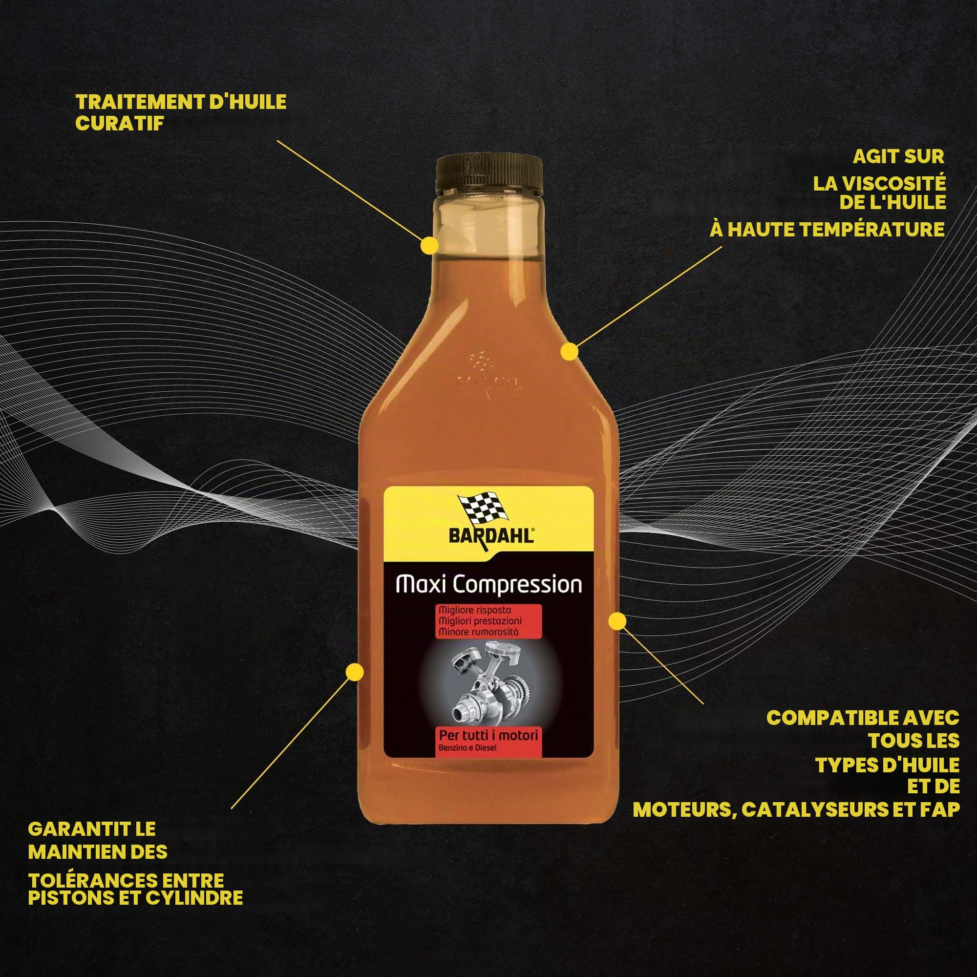 Bardahl - Maxi Compression, Additif Auto pour Huile de Moteur, Réduit la Consommation et Arrête les Fuites d'Huile, Améliore la Puissance et les Performances, Compatible avec les Moteurs Diesel et