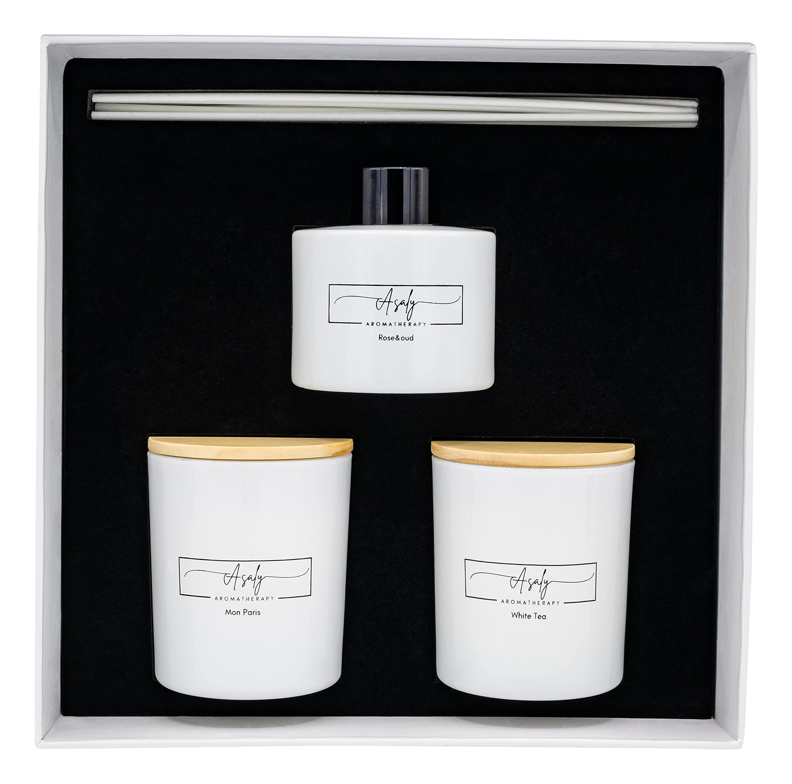 ASALY Luxury Candle Gift Set, 2 Scented Candles and 1 Reed Diffuser. Birthday, Anniversary, Gift Set, Mothers Day Gift. Diffuser Scent of (Rose and Oud), Candle Scents (White Tea and Mon Paris)