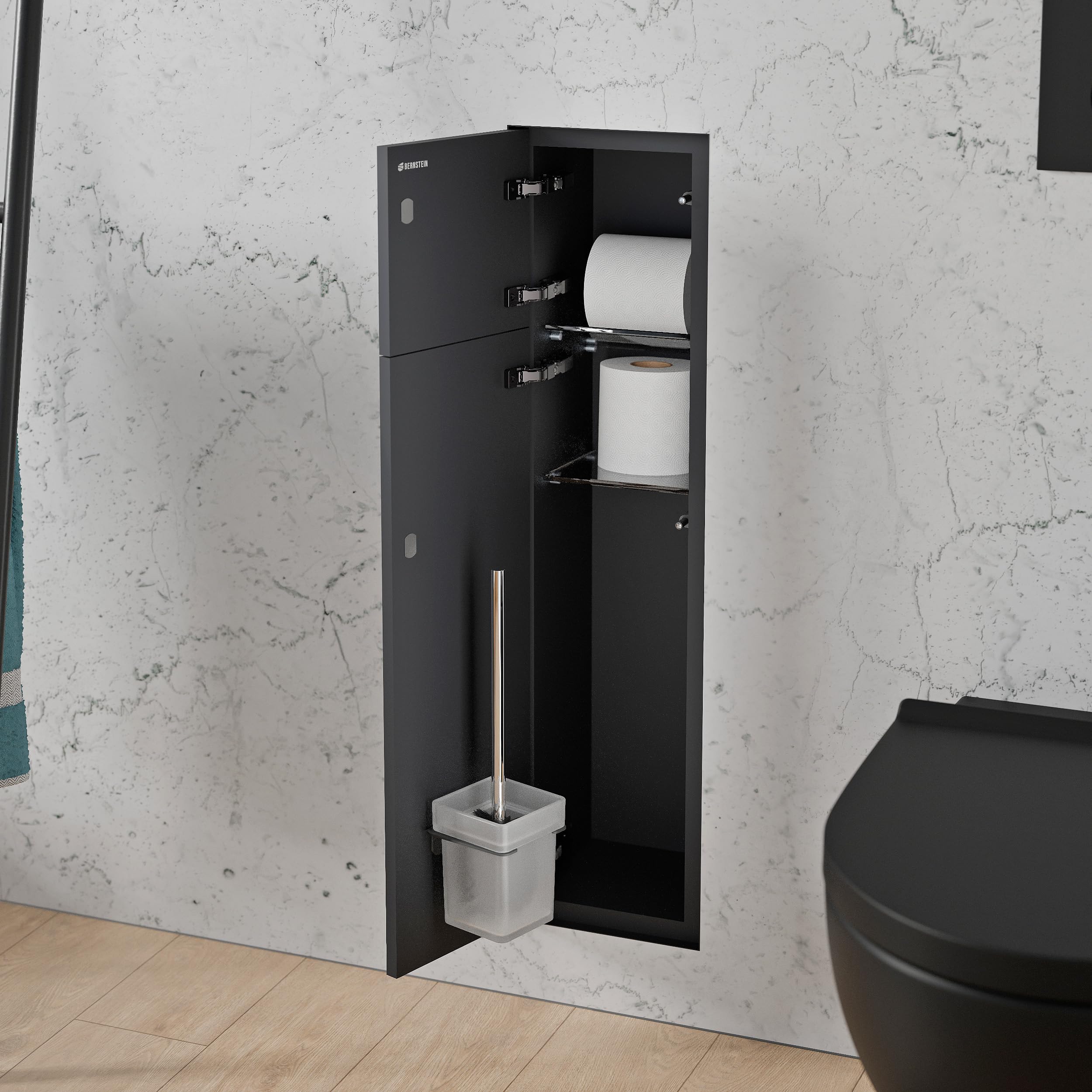 Bernstein Unterputz WC-Modul RIA 78 cm Edelstahl Anthrazit befliesbar mit integriertem Toilettenpapierspender und Bürstenhalter, Push-to-Open, Stauraum unsichtbar, Türanschlag links