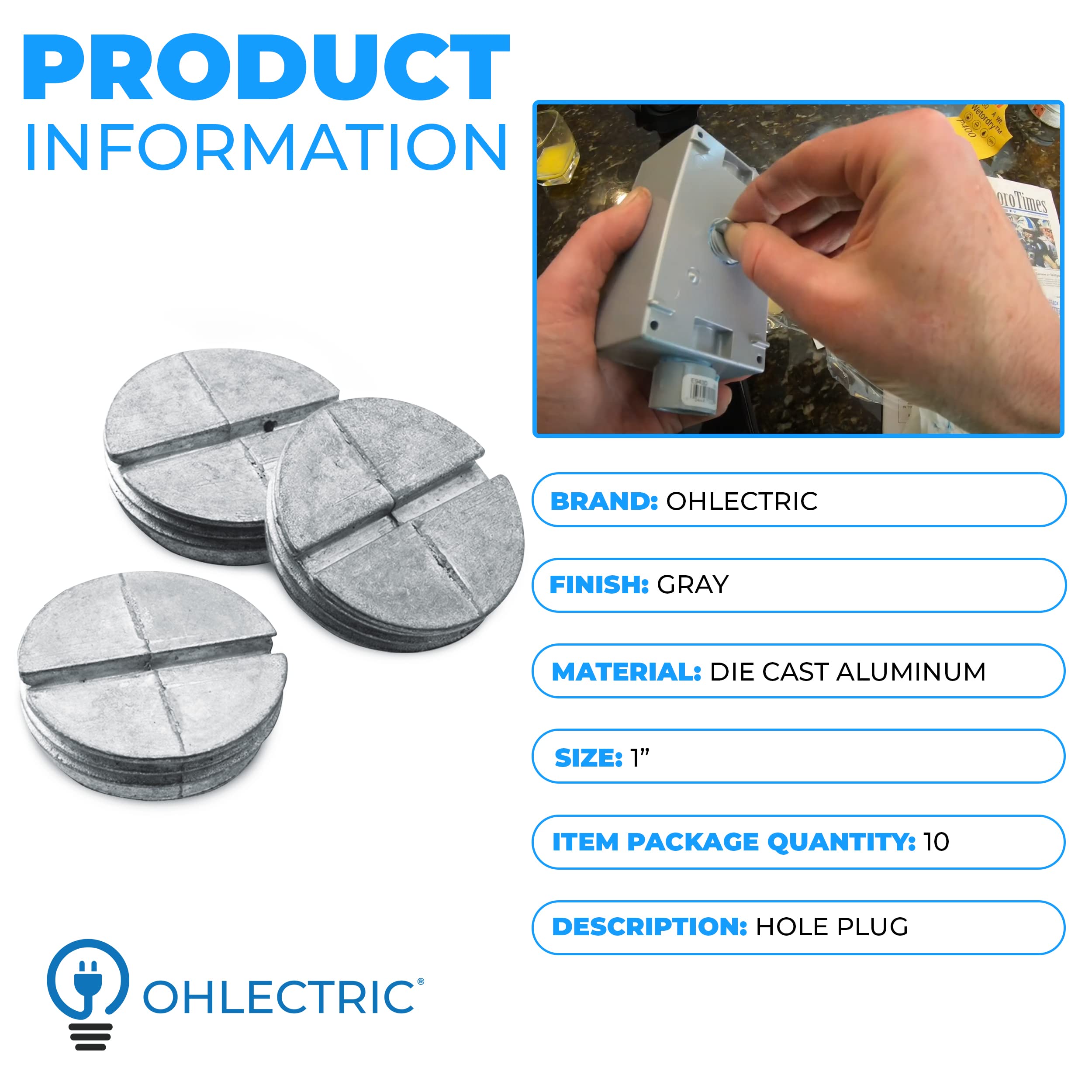 OhLectric Durable Hole Plugs - 1 Inch Threaded Round Plugs - Covers Unused Holes - Protect Threaded Pipes- Robust Decorative Plugs - Creates Finished Appearance - Grey - Pack of 10 - OL-42438