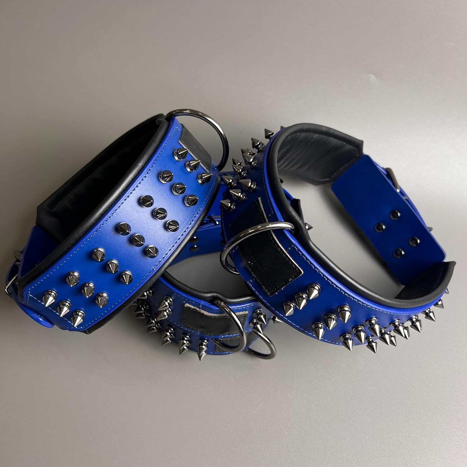 Luxury Leather Spike Dog Collar, Double-Layer Soft Cowhide, Punk Style for Medium and Large Dogs, Pit Bulls, Rowena (Blue,XL-Neck 49-57cm)