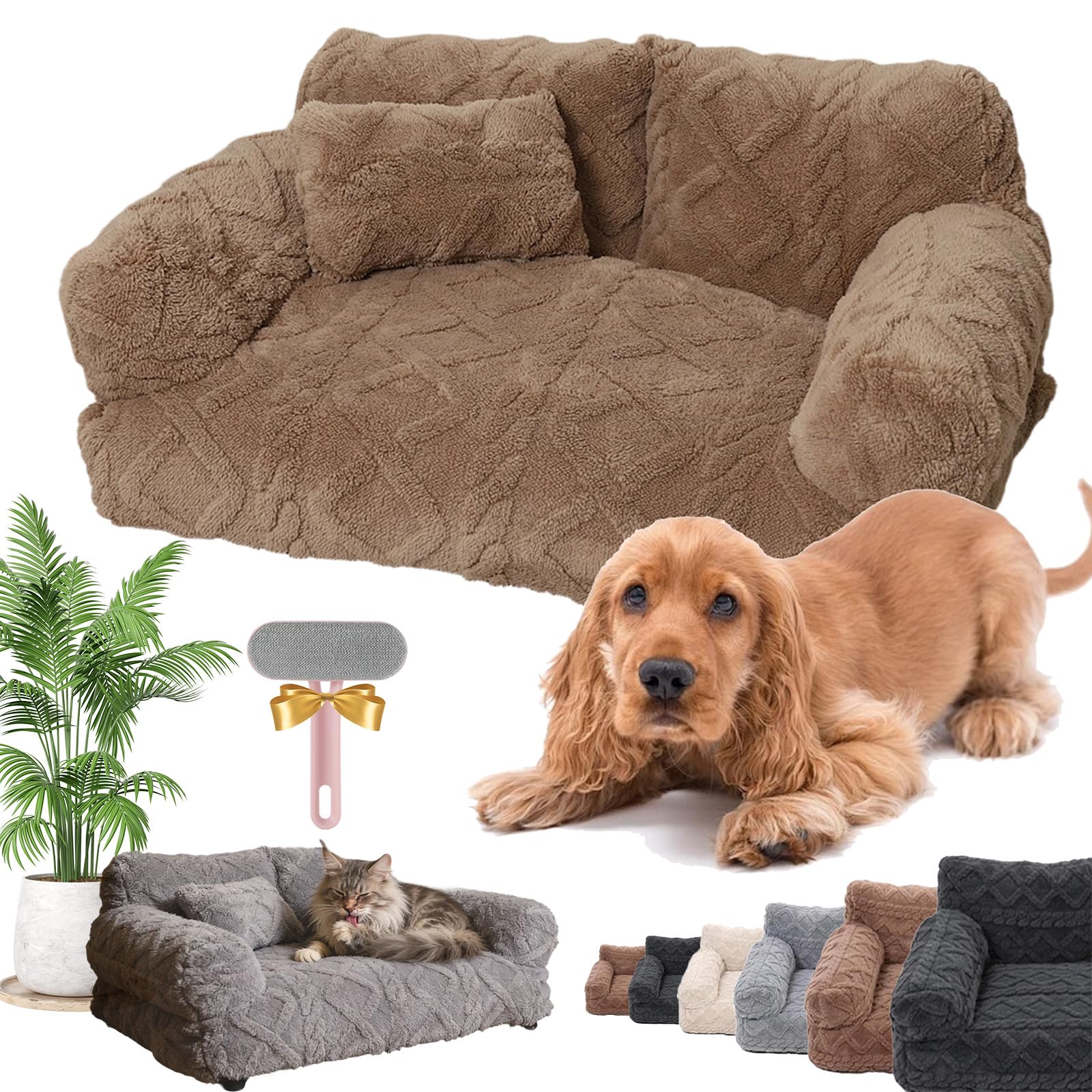 Snrtevu 2026 New Plush Calming Pet Sofa Bed, Plush Calming Pet Sofa Bed With Removable Cover, Washable Orthopedic Dog Bed With Edge, Increases Deep Sleep, Reduces Separation Anxiety (Khaki,55 * 40cm)
