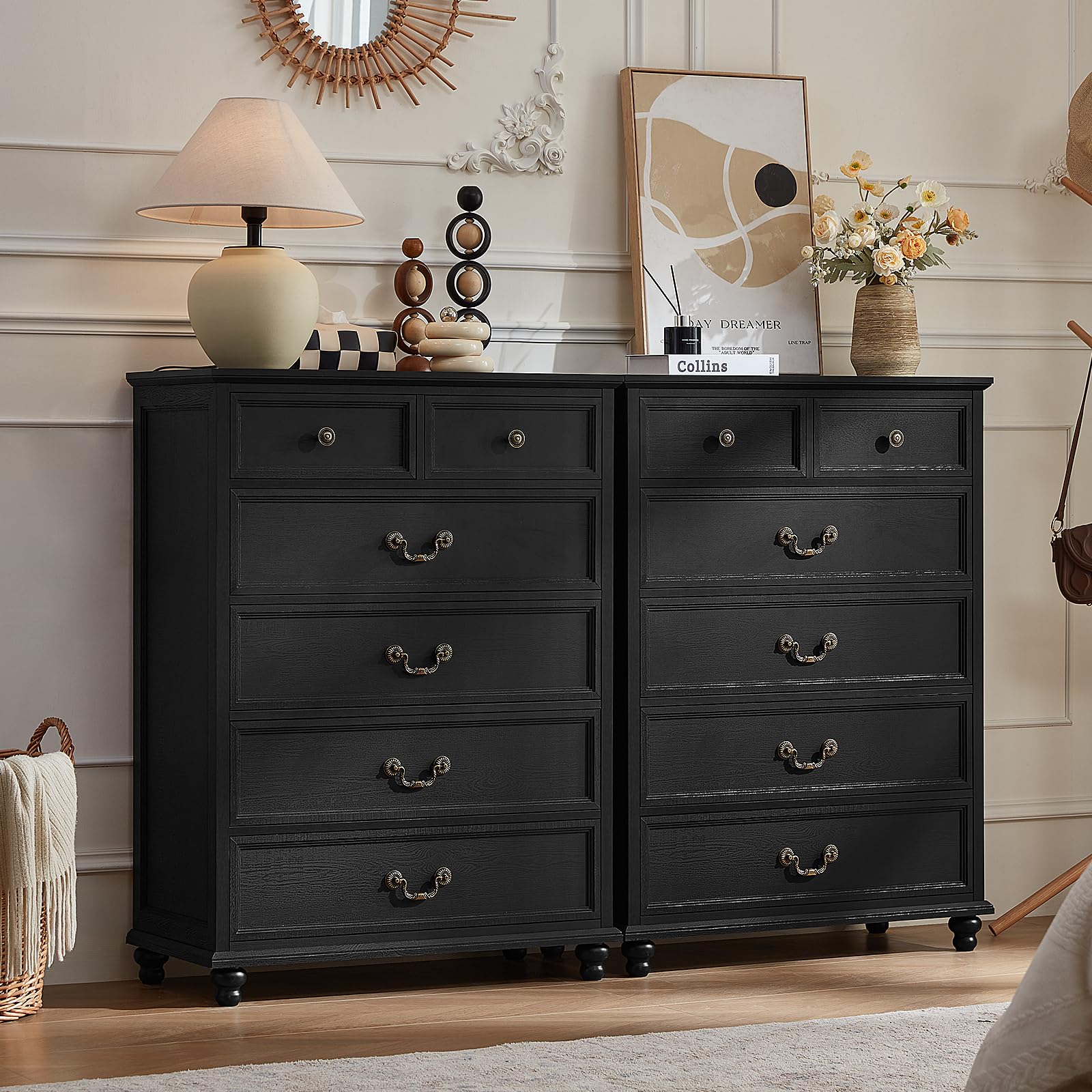 Joaxswe Farmhouse 6 Drawer Dresser Set of 2 for Bedroom, 42" Tall Rustic Chests of Drawers w/ 4 Solid Wood Feet, Mid Century Vintage Wooden Closet Storage Dressers Organizer for Living Room,Black
